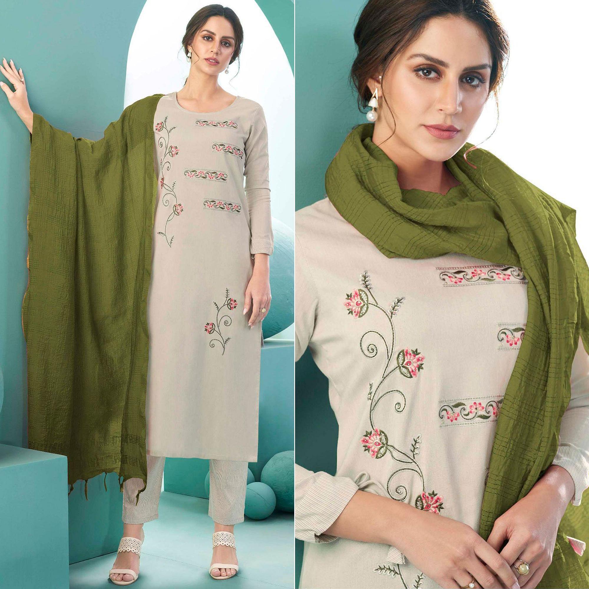 Off White Embroidered Cotton Kurti Pant Set With Dupatta - Peachmode