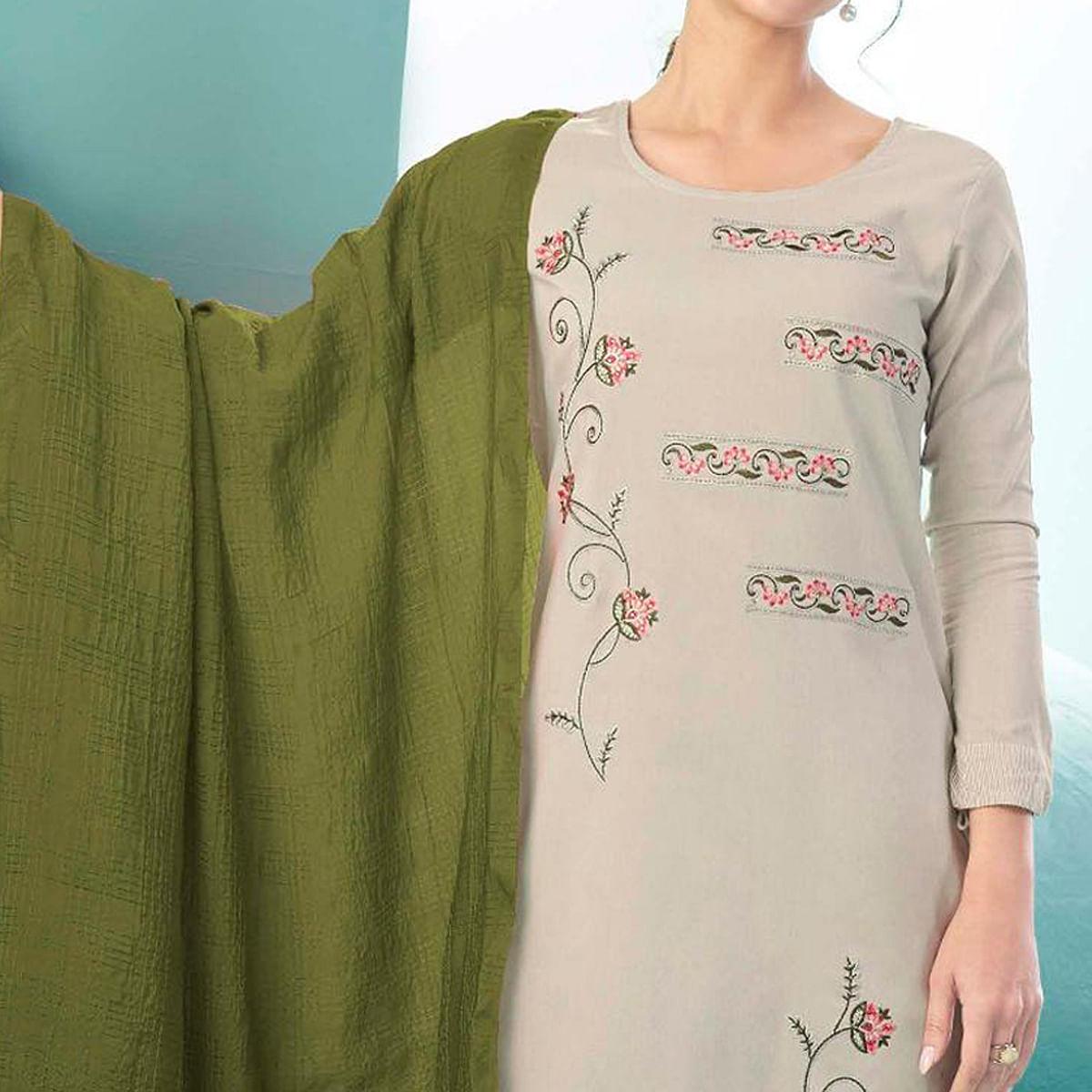 Off White Embroidered Cotton Kurti Pant Set With Dupatta - Peachmode