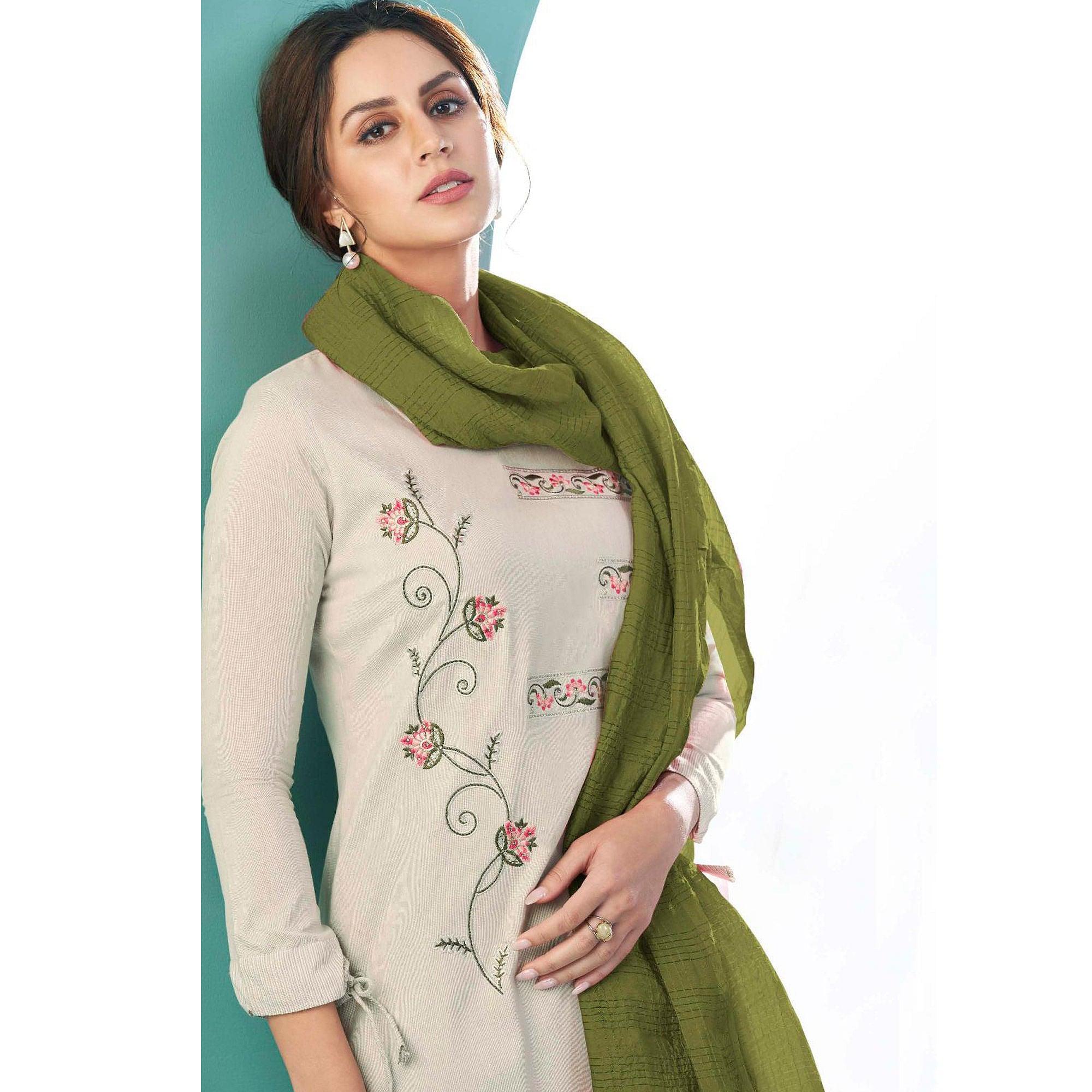 Off White Embroidered Cotton Kurti Pant Set With Dupatta - Peachmode