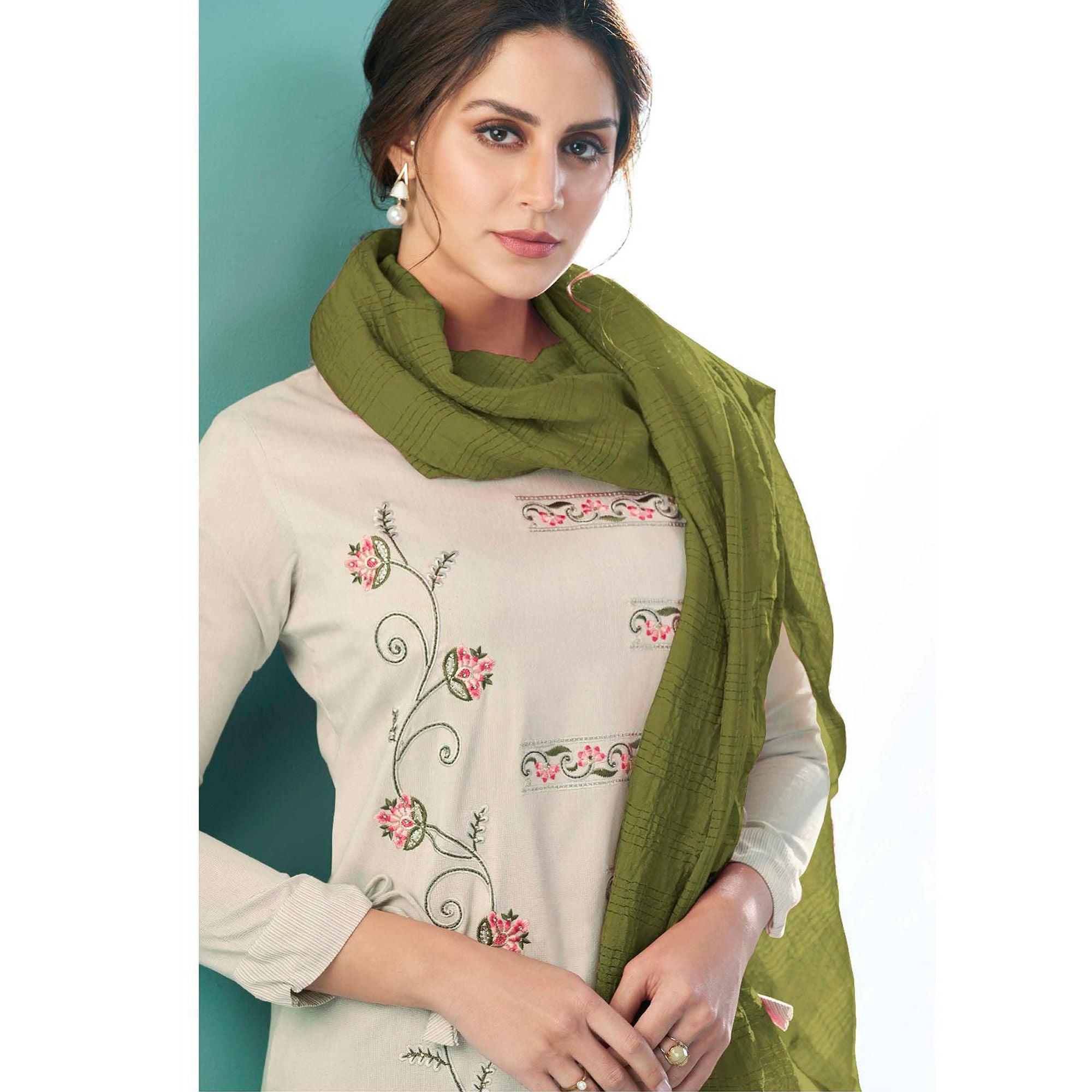 Off White Embroidered Cotton Kurti Pant Set With Dupatta - Peachmode