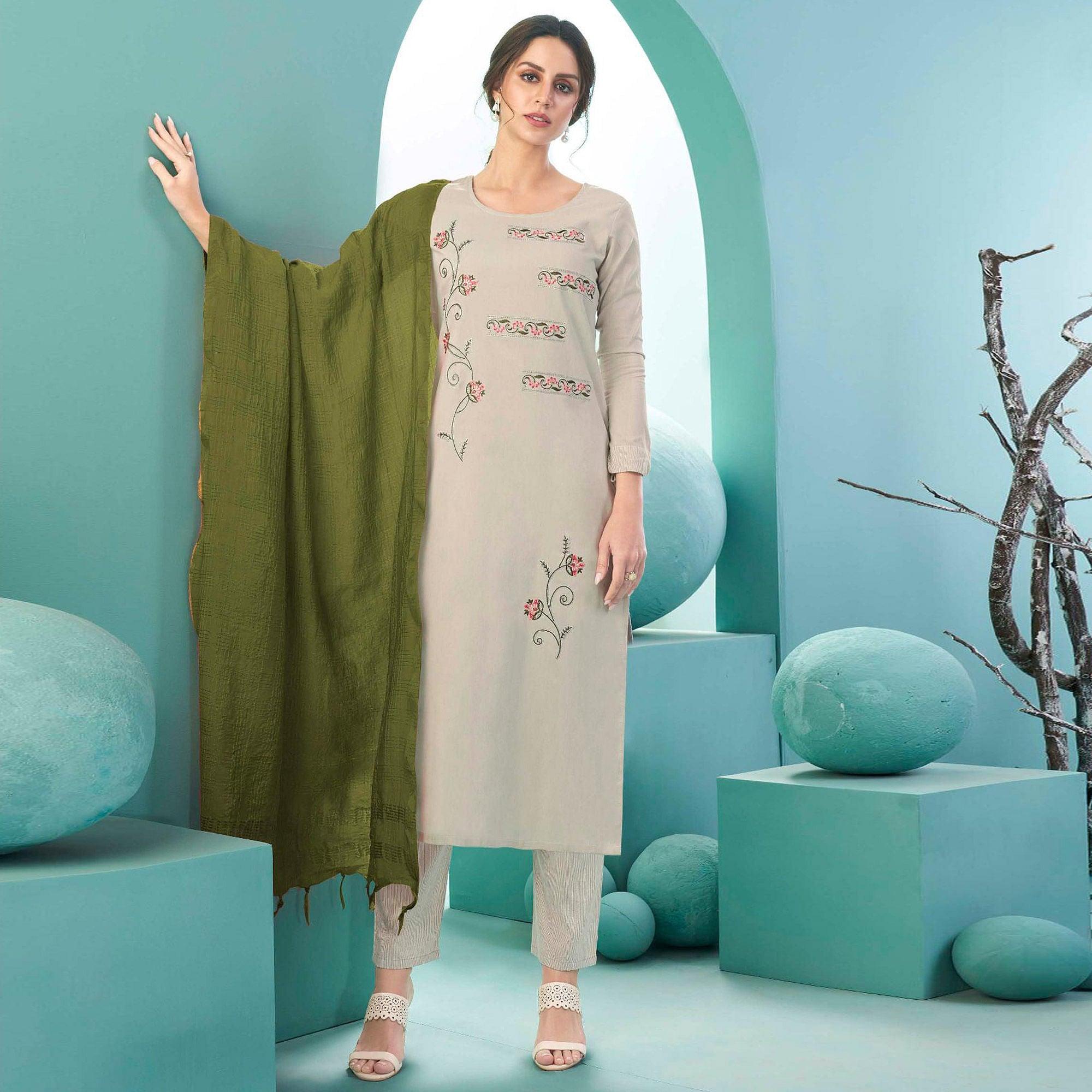 Off White Embroidered Cotton Kurti Pant Set With Dupatta - Peachmode