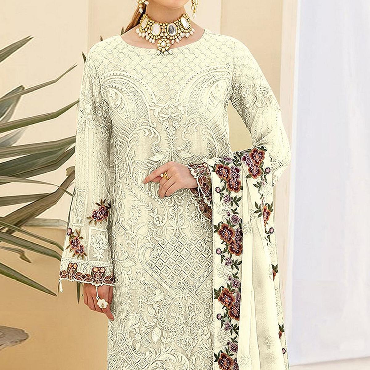 Off White Embroidered Georgette Pakistani Suit - Peachmode
