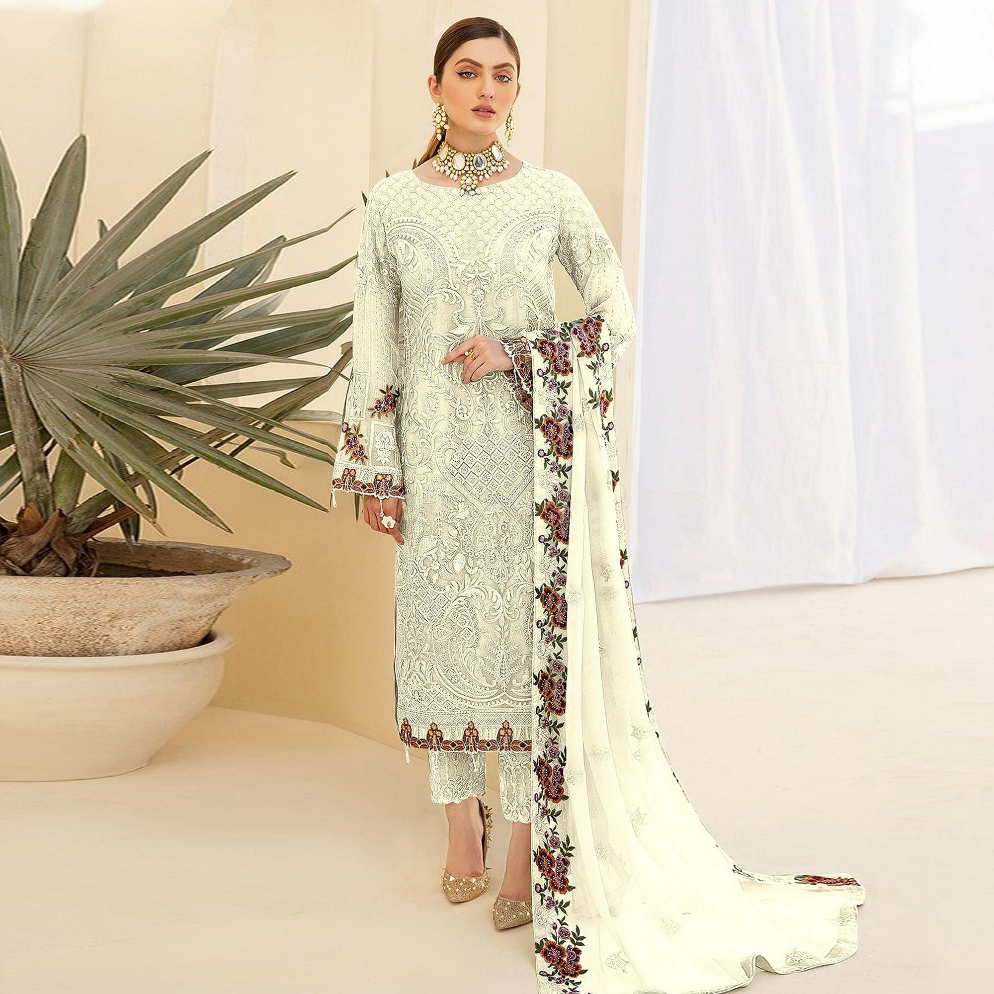 Off White Embroidered Georgette Pakistani Suit - Peachmode