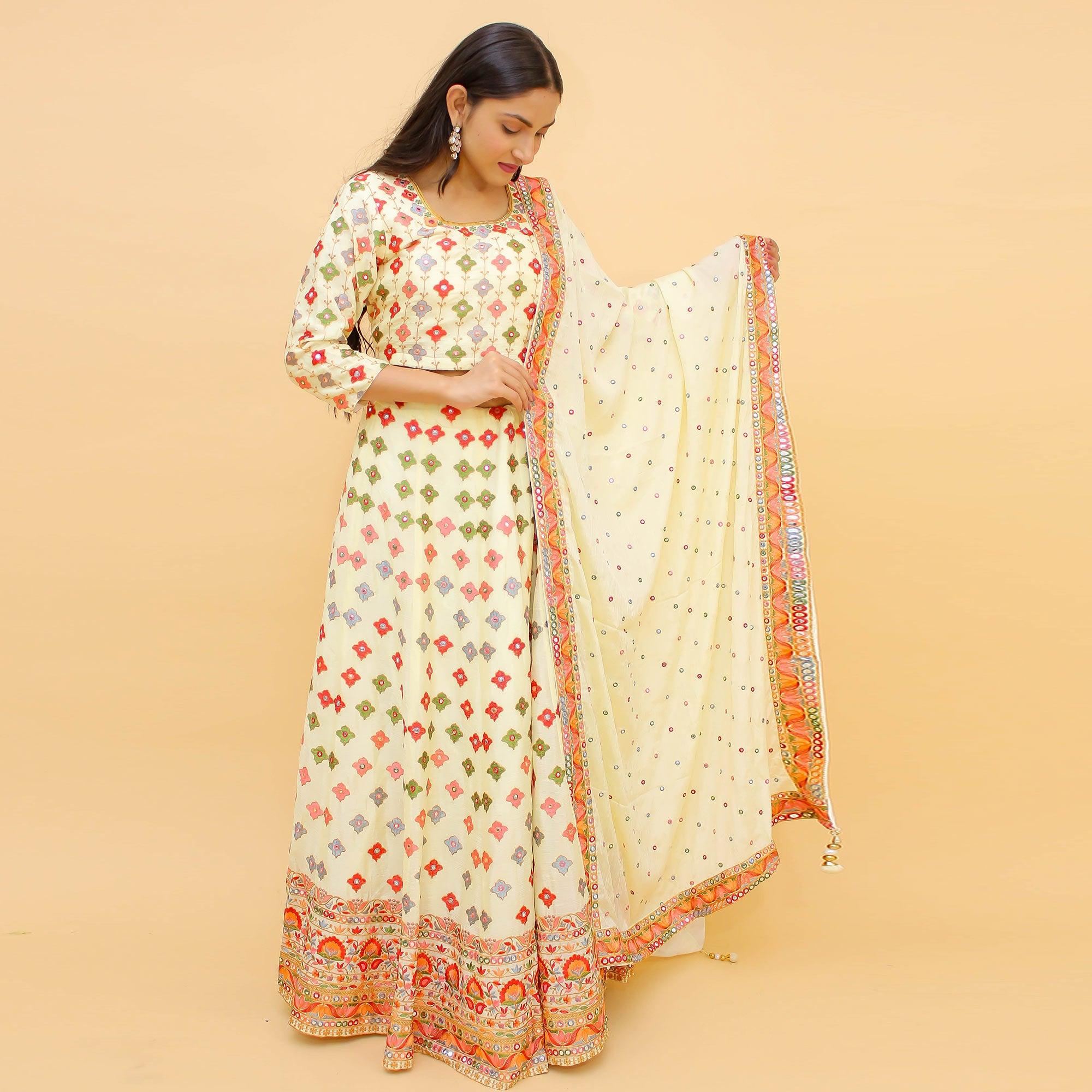 Off-White Embroidered With Embellished Chiffon Lehenga Choli - Peachmode