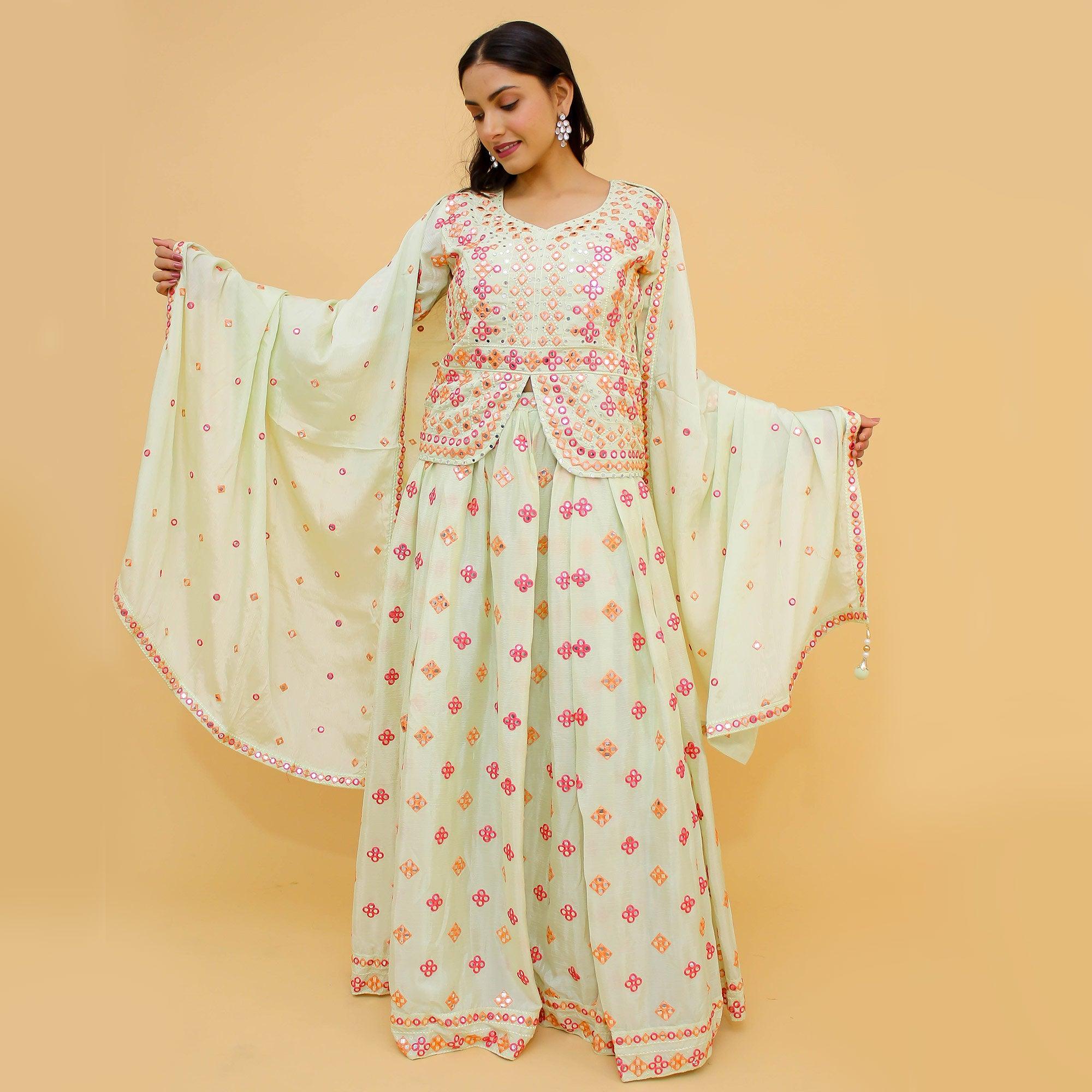 Off-White Embroidered With Embellished Chiffon Lehenga Kameez - Peachmode