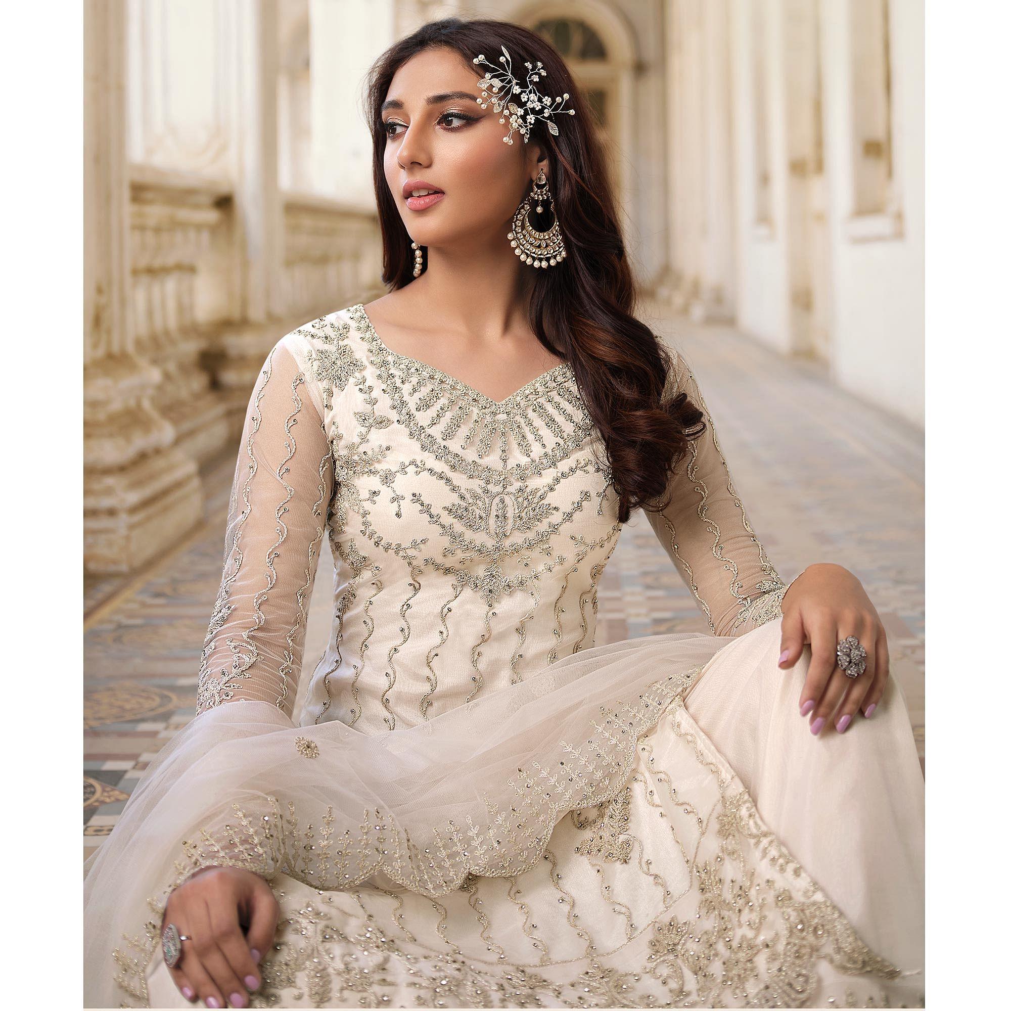 Off-White Embroidery With Embellished Net Partywear Suit - Peachmode