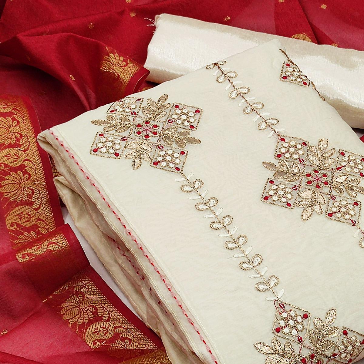 Off White Festive Wear Embroidered Chanderi Dress Material - Peachmode