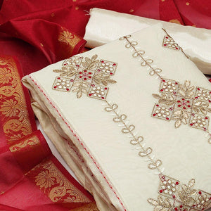 Off White Festive Wear Embroidered Chanderi Dress Material - Peachmode