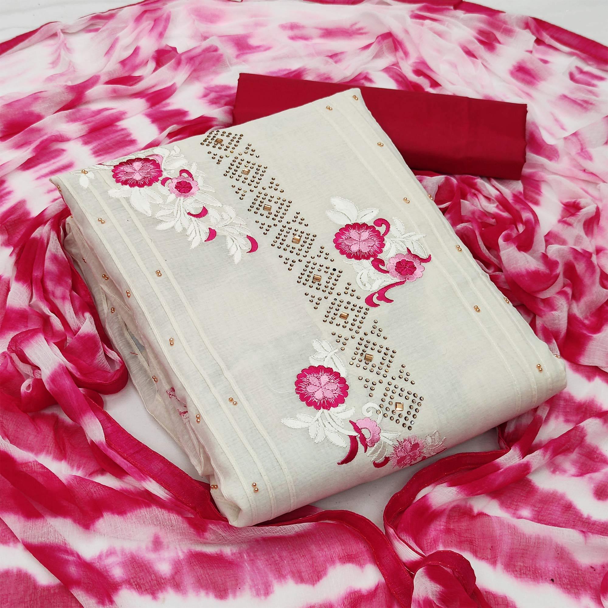 Off-White Festive Wear Embroidered Cotton Dress Material - Peachmode