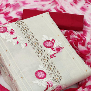Off-White Festive Wear Embroidered Cotton Dress Material - Peachmode