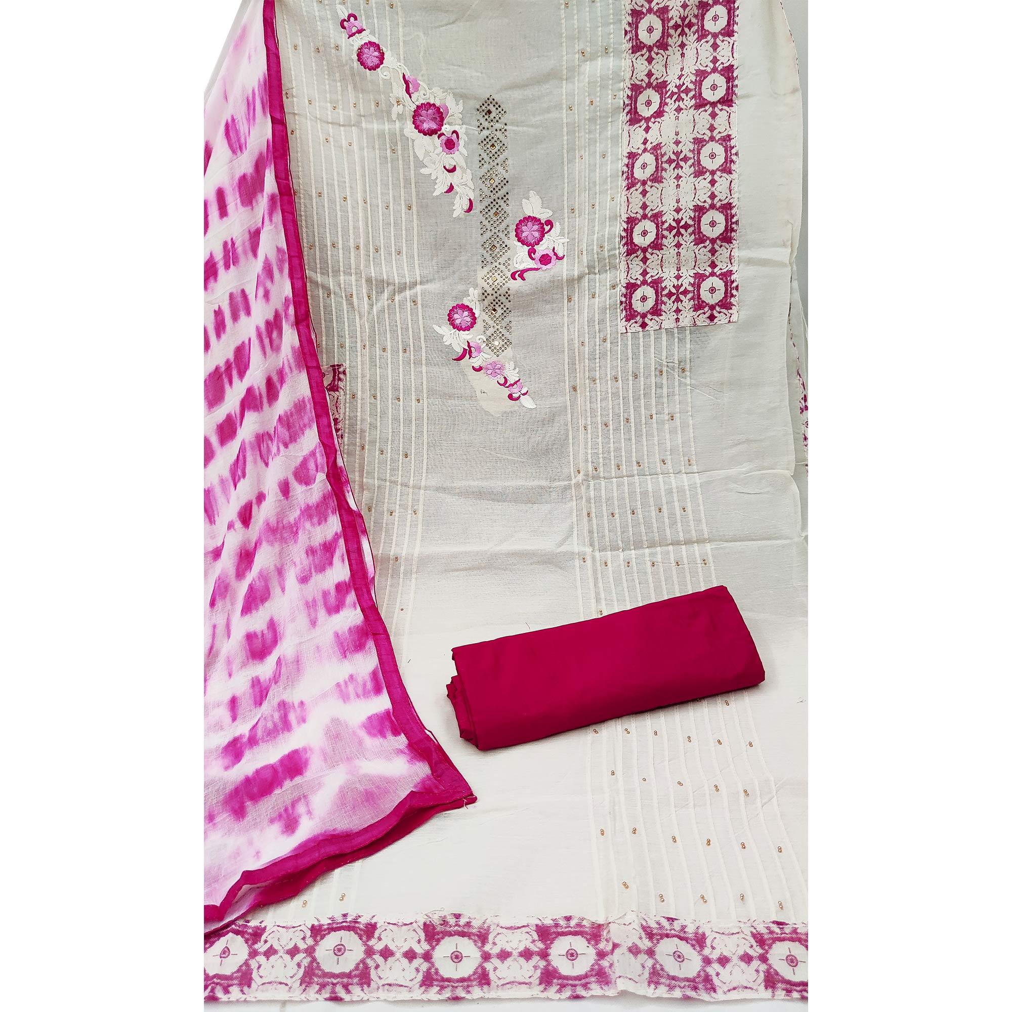 Off-White Festive Wear Embroidered Cotton Dress Material - Peachmode