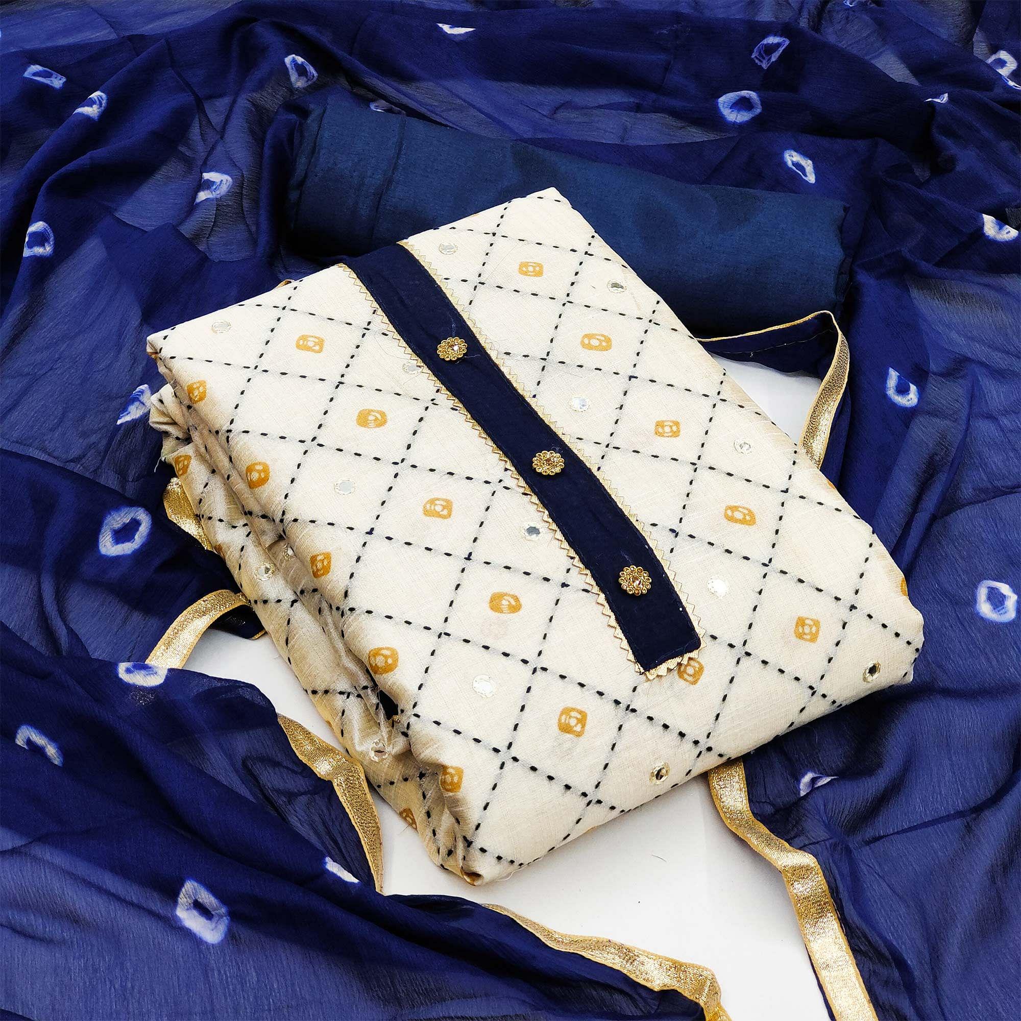Off-White Festive Wear Embroidery With Printed Modal Silk Dress Material - Peachmode