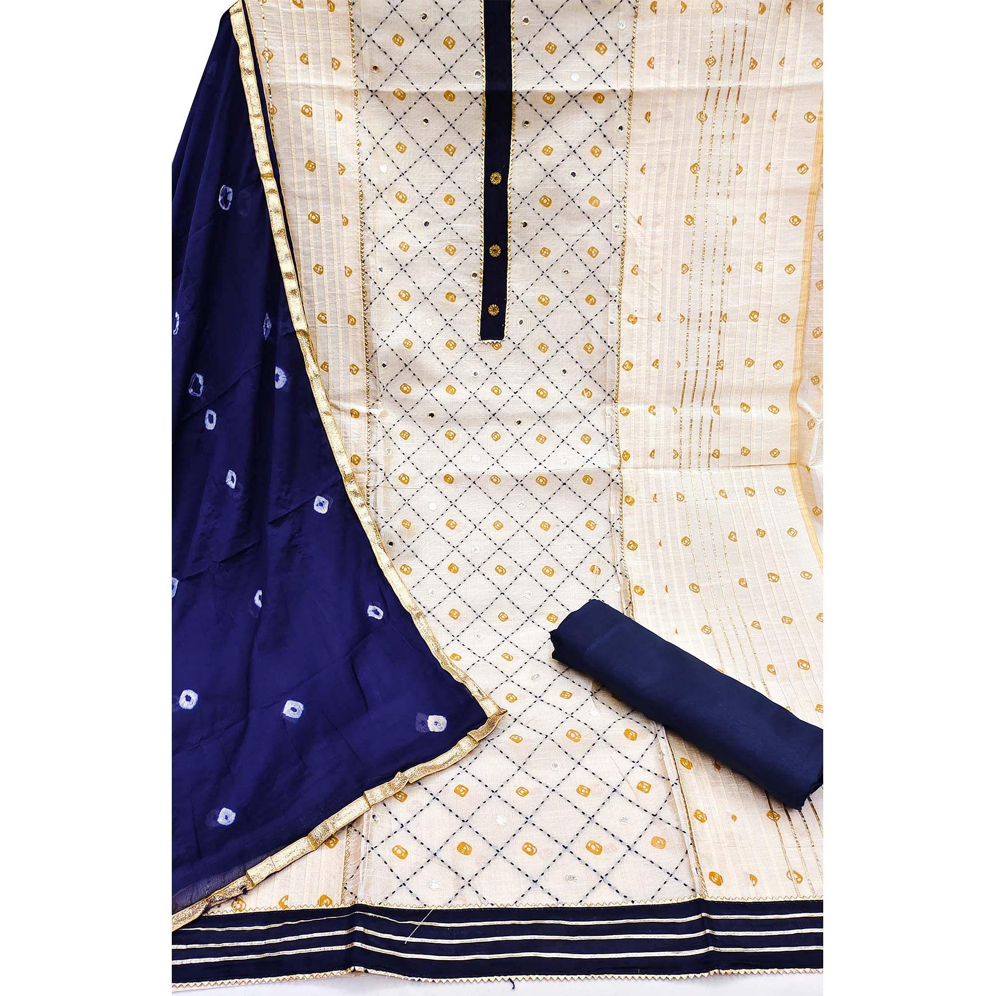 Off-White Festive Wear Embroidery With Printed Modal Silk Dress Material - Peachmode