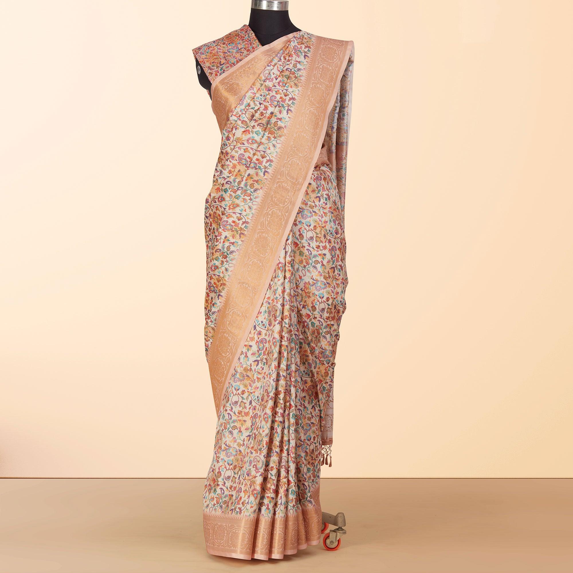 Off White Festive Wear Floral Digital Printed Woven Silk Saree - Peachmode