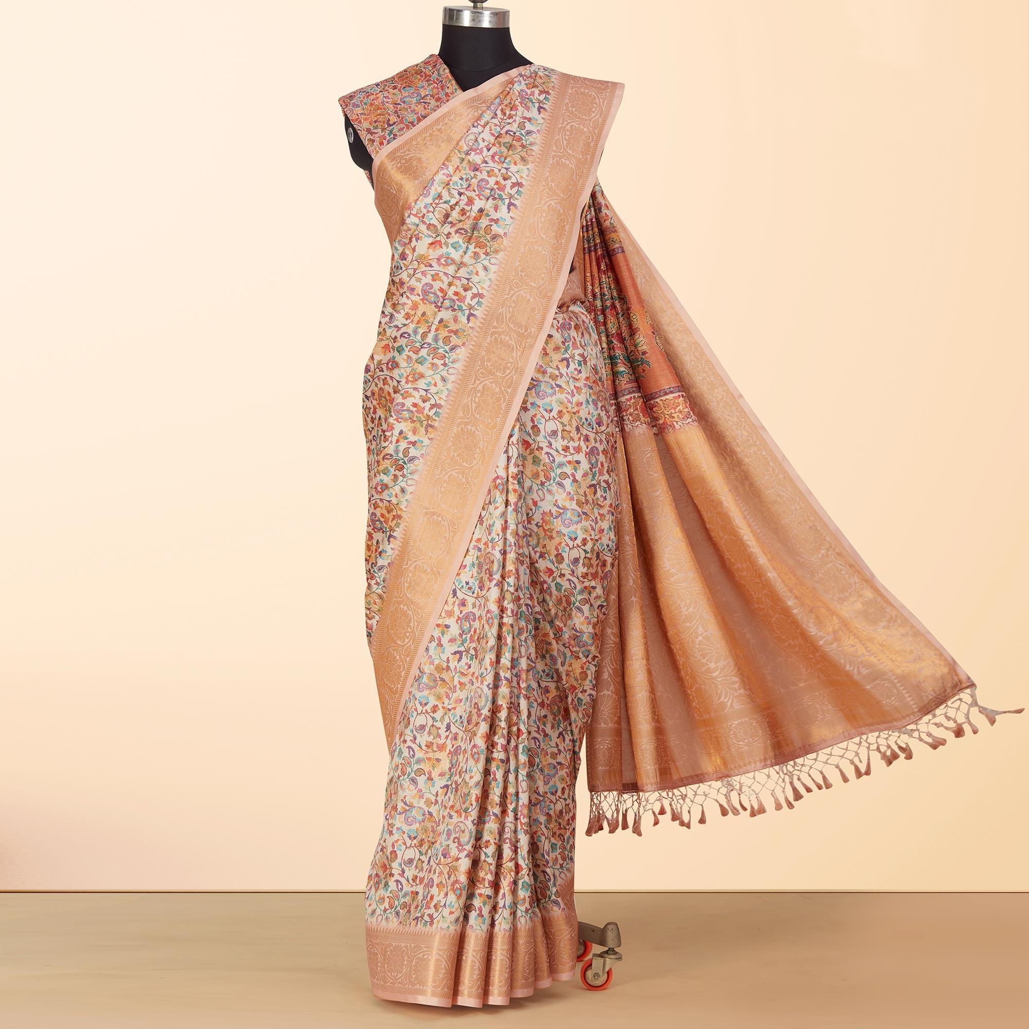 Off White Festive Wear Floral Digital Printed Woven Silk Saree - Peachmode