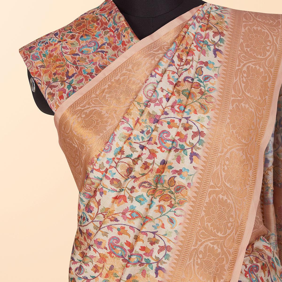 Off White Festive Wear Floral Digital Printed Woven Silk Saree - Peachmode