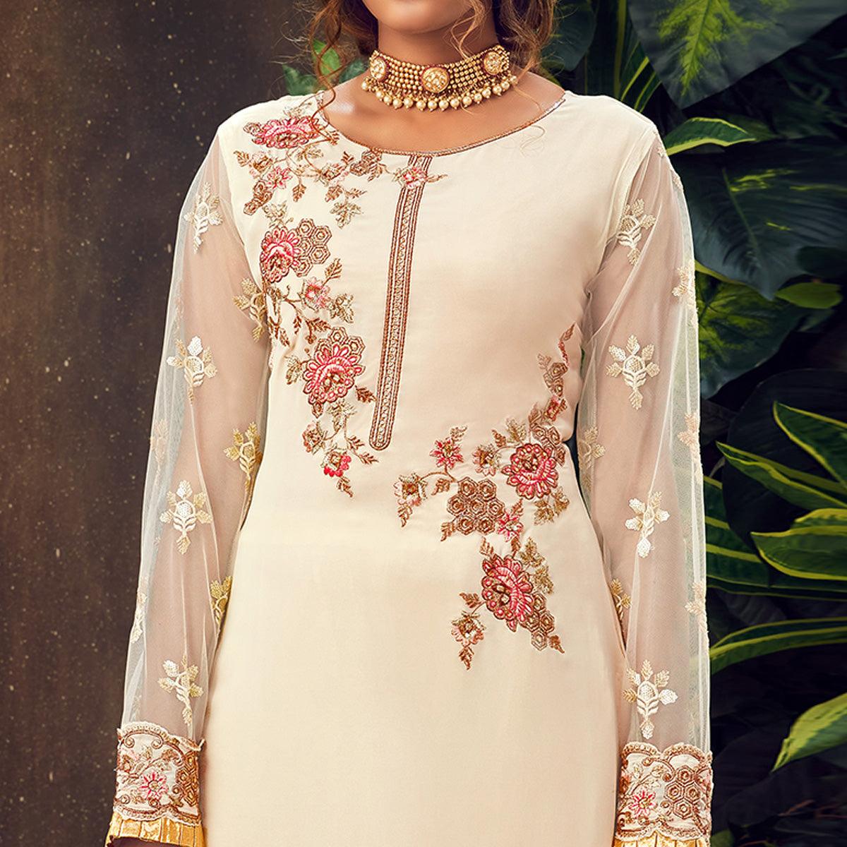 Off-White Festive Wear Floral Embroidered Pure Georgette Suit - Peachmode