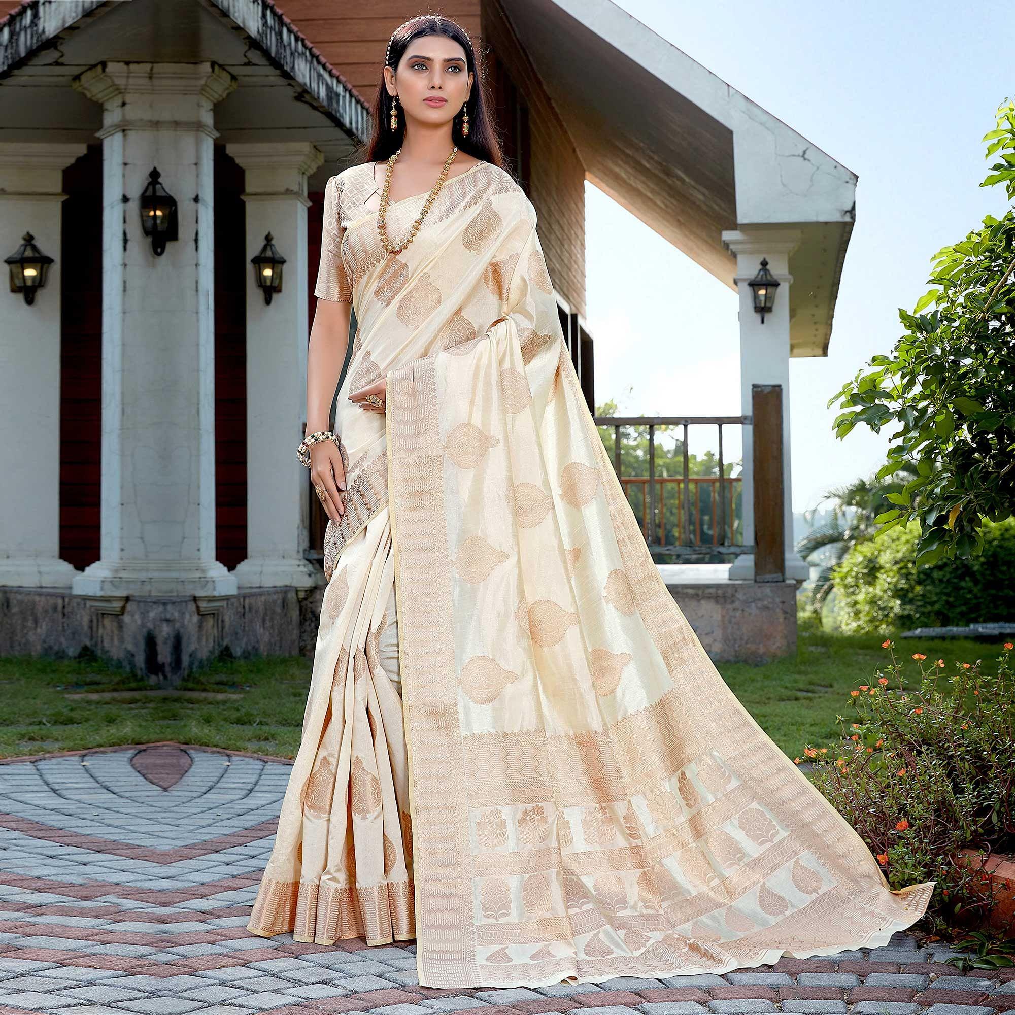 Off White Festive Wear Jari Woven Art Silk Saree - Peachmode