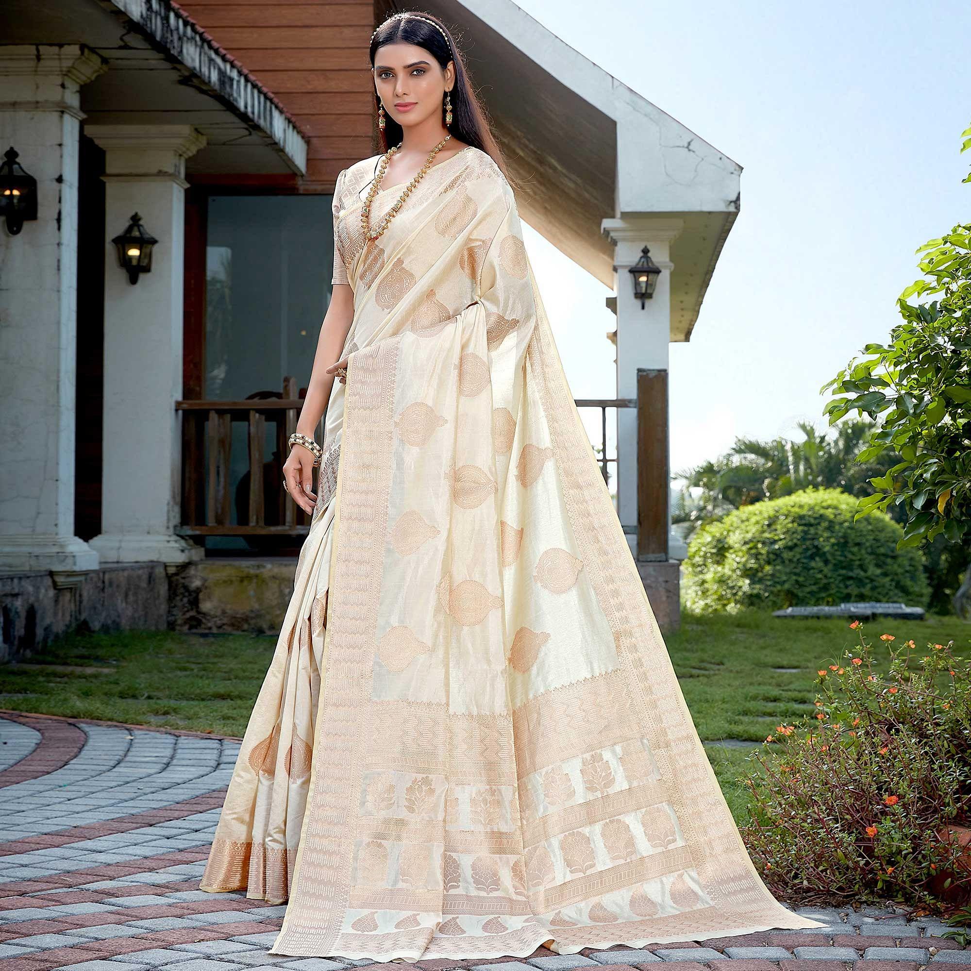 Off White Festive Wear Jari Woven Art Silk Saree - Peachmode
