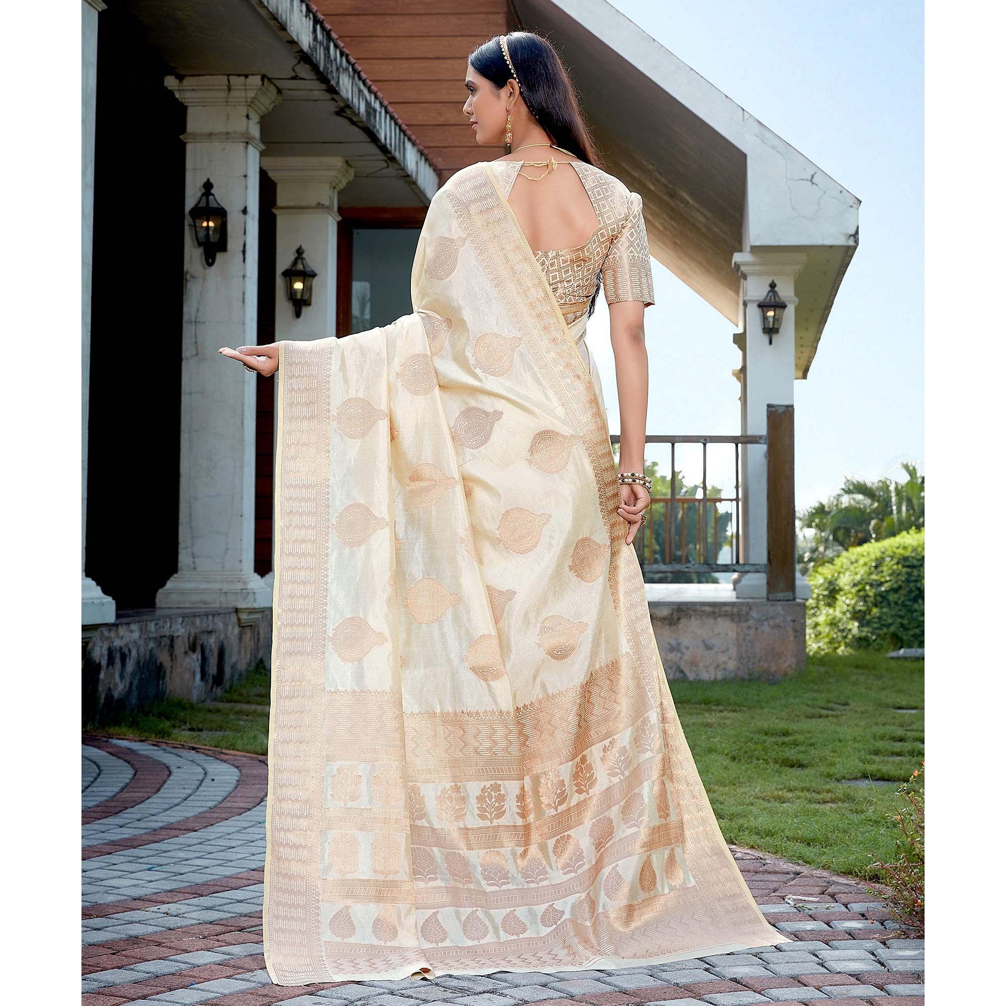 Off White Festive Wear Jari Woven Art Silk Saree - Peachmode