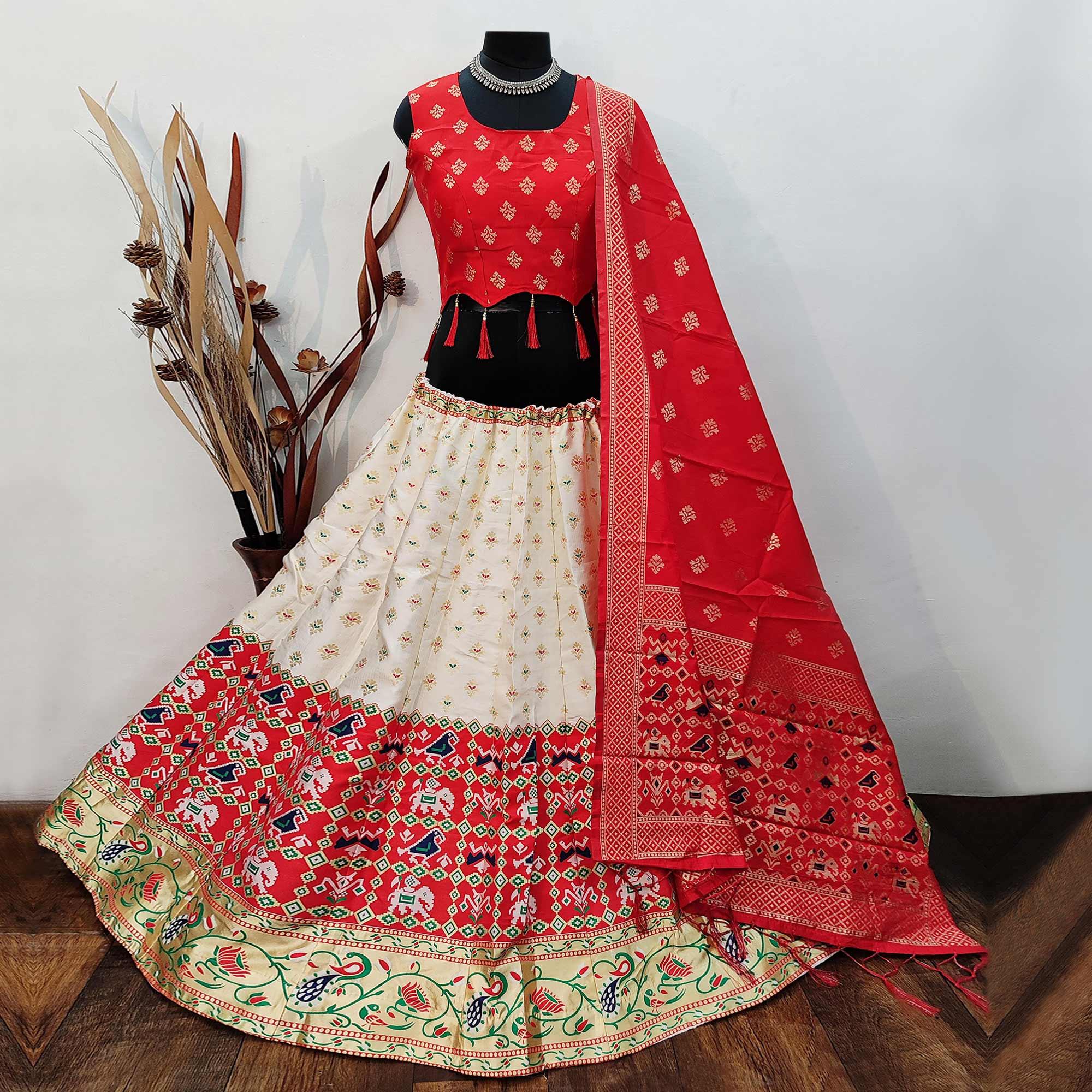 Off White Festive Wear Printed Brocade Lehenga Choli - Peachmode