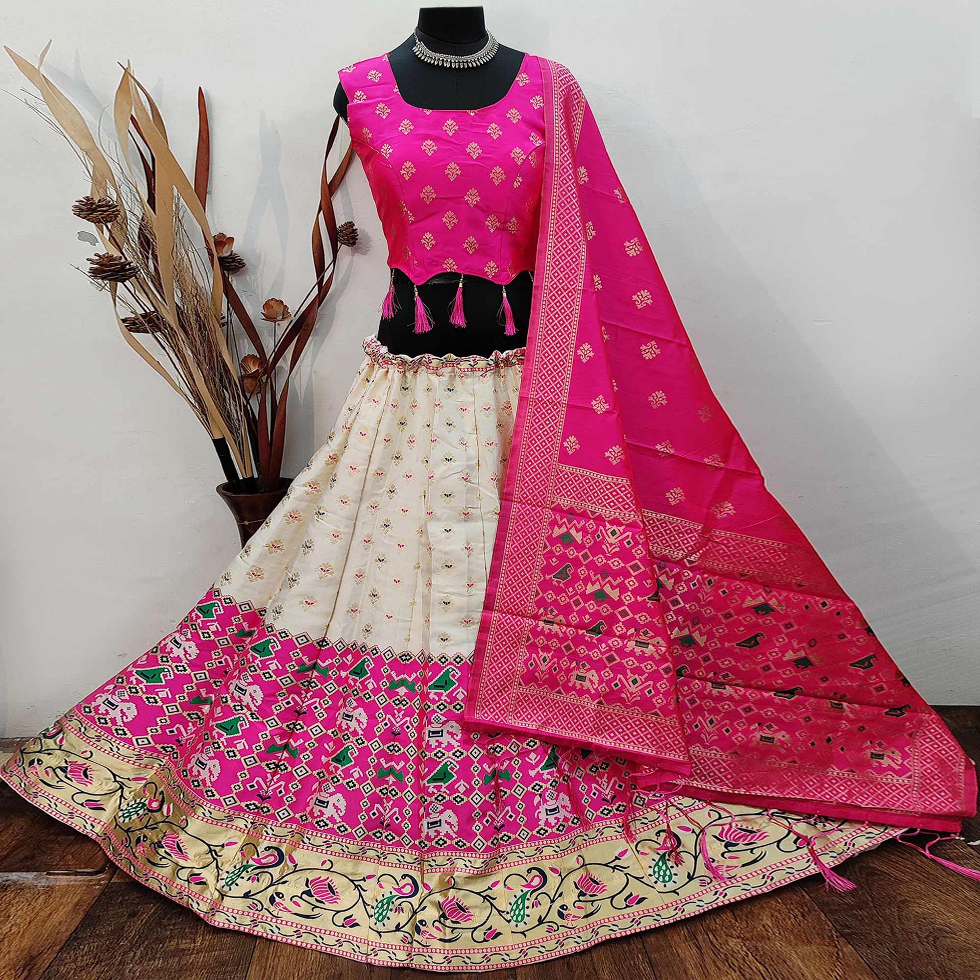 Off White Festive Wear Printed Brocade Lehenga Choli - Peachmode