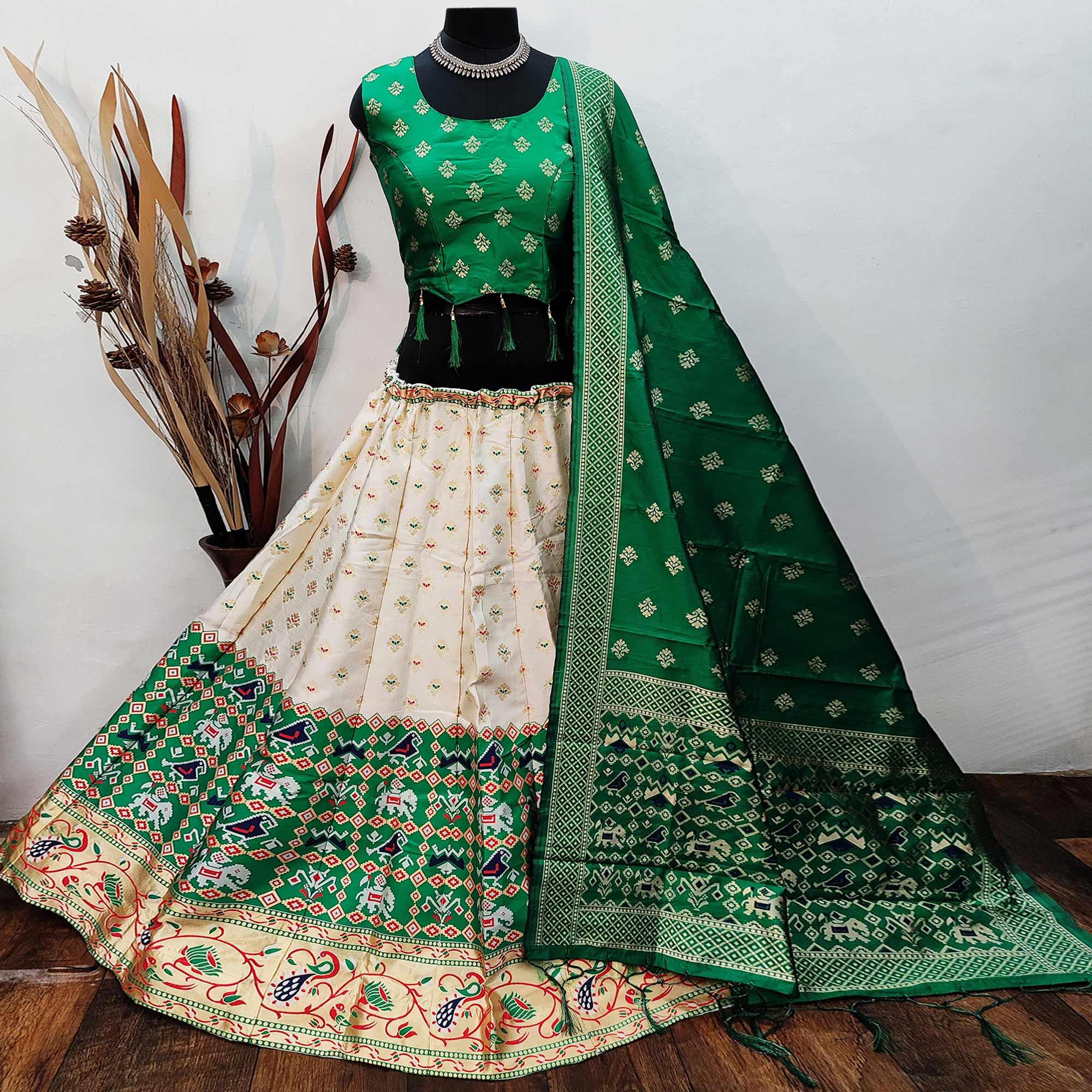 Off White Festive Wear Printed Brocade Lehenga Choli - Peachmode