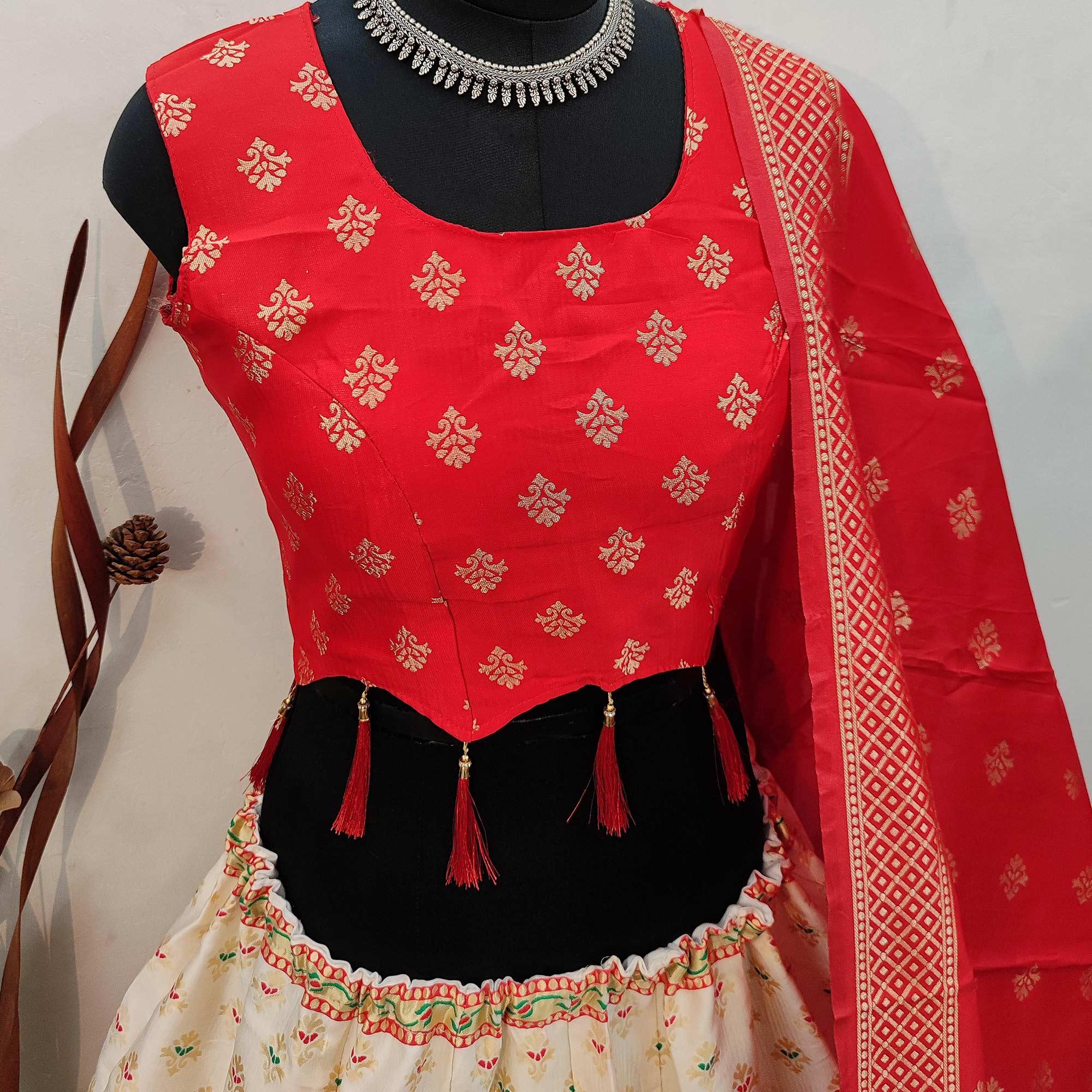 Off White Festive Wear Printed Brocade Lehenga Choli - Peachmode
