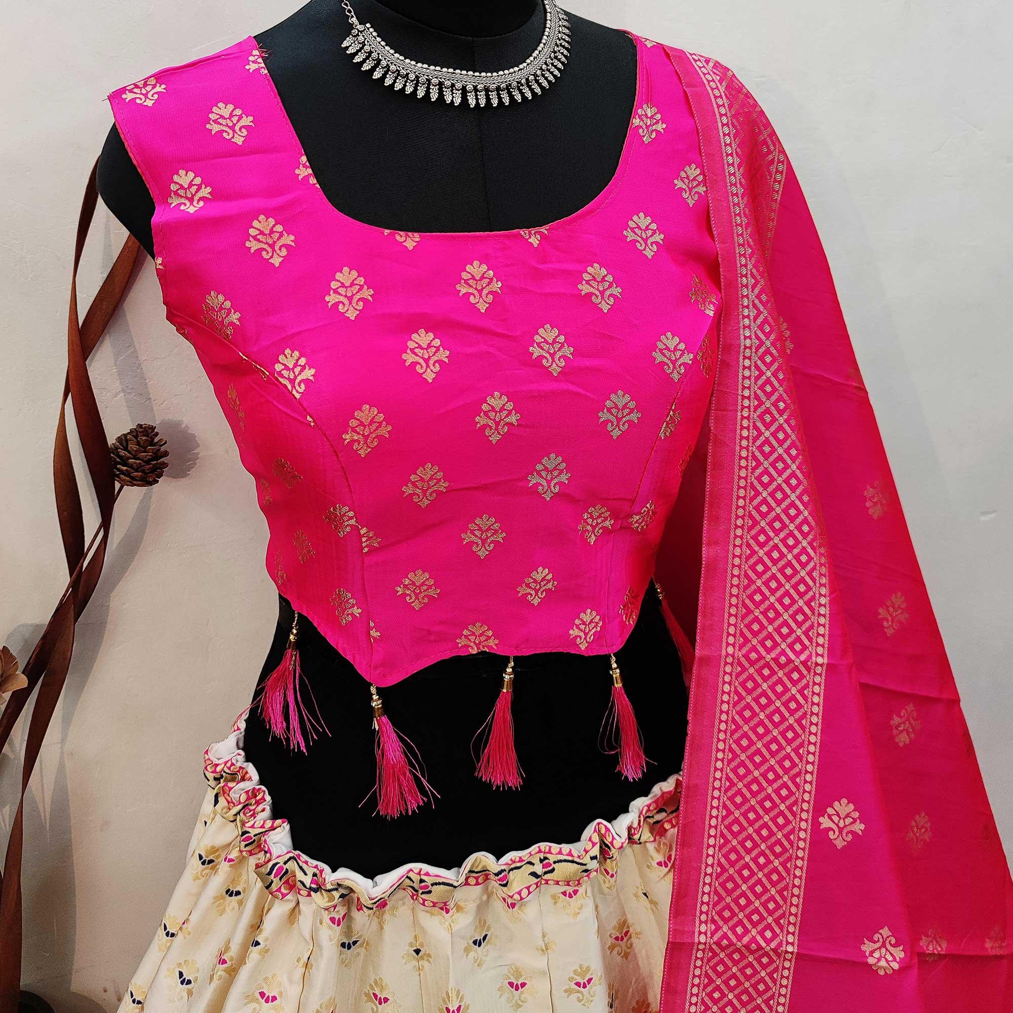 Off White Festive Wear Printed Brocade Lehenga Choli - Peachmode