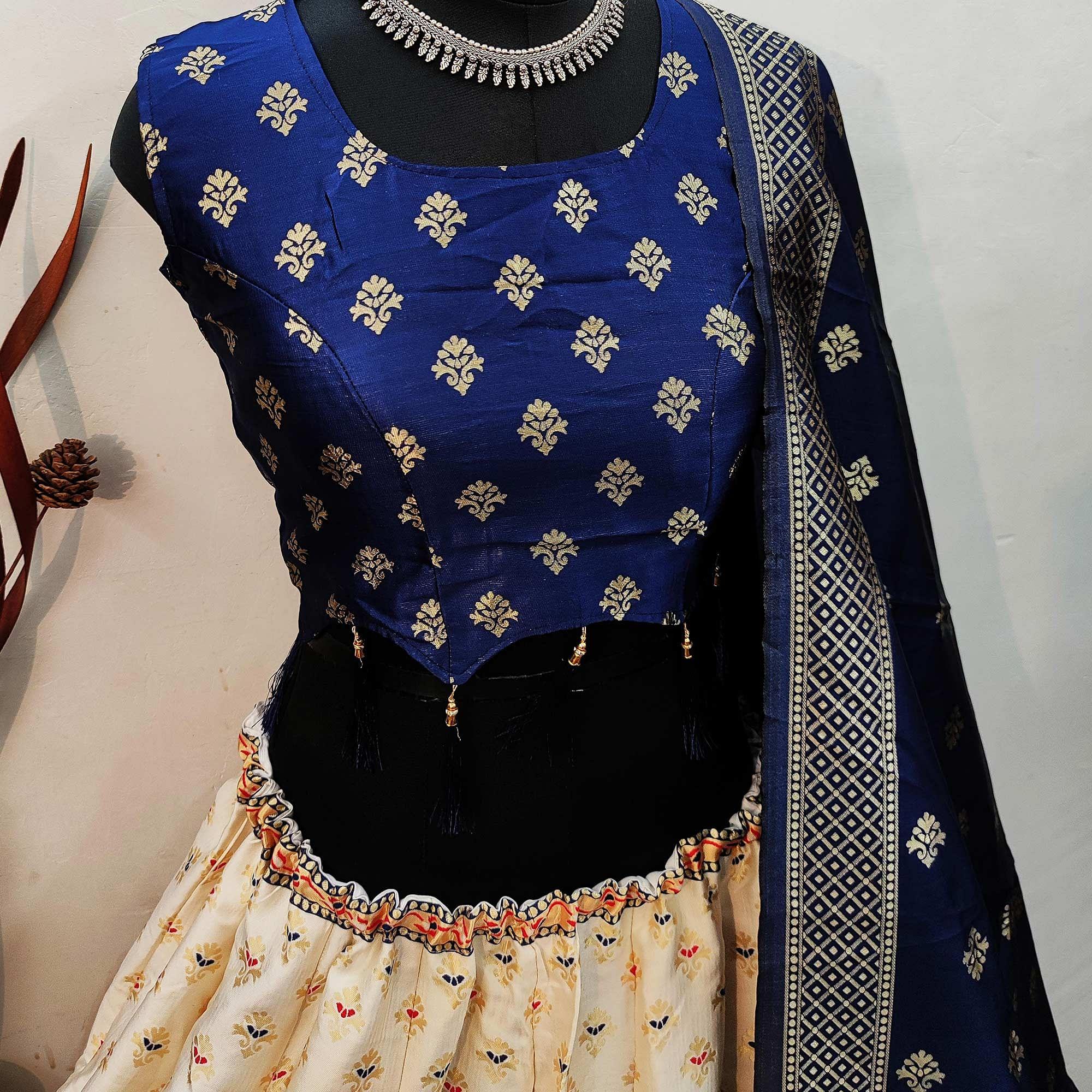 Off White Festive Wear Printed Brocade Lehenga Choli - Peachmode