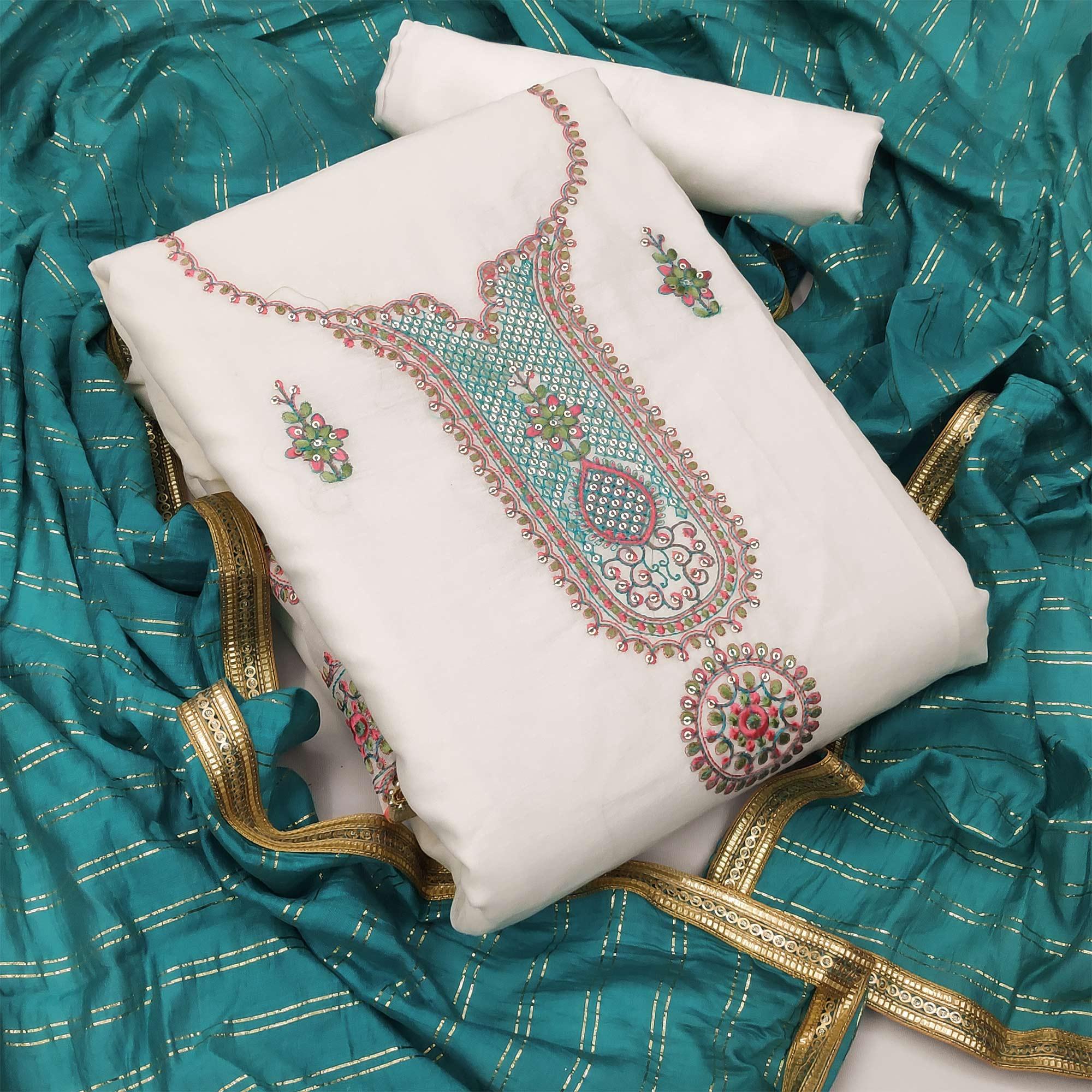 Off-White Festive Wear Sequence Embroidery With Handwork Modal Chanderi Dress Material - Peachmode