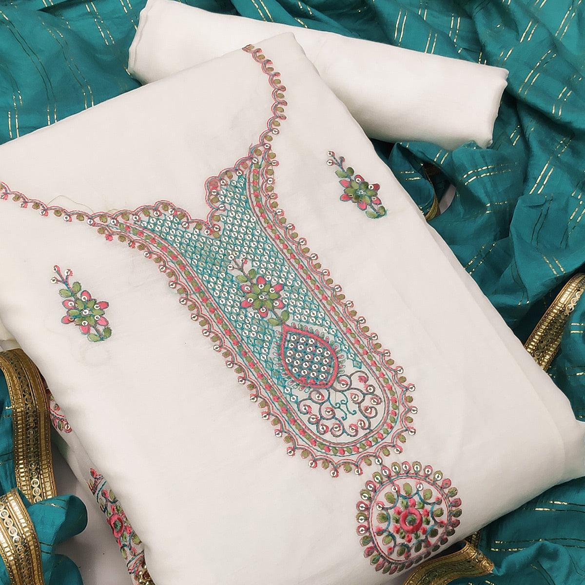 Off-White Festive Wear Sequence Embroidery With Handwork Modal Chanderi Dress Material - Peachmode