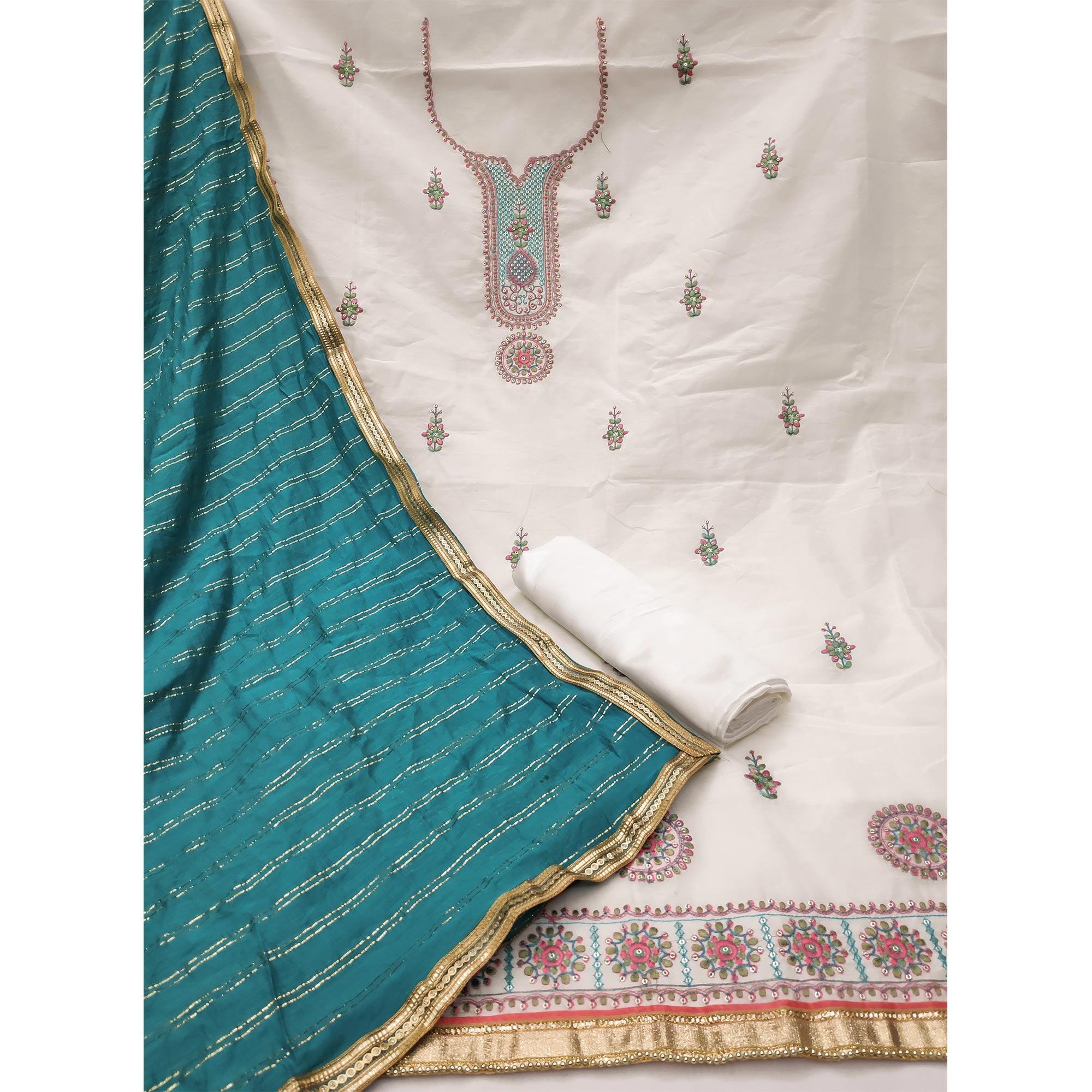 Off-White Festive Wear Sequence Embroidery With Handwork Modal Chanderi Dress Material - Peachmode