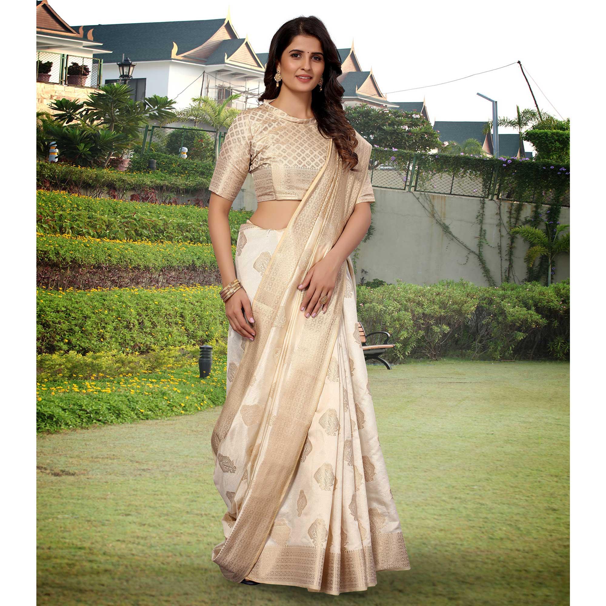 Off-White Festive Wear Woven Art Silk Saree - Peachmode