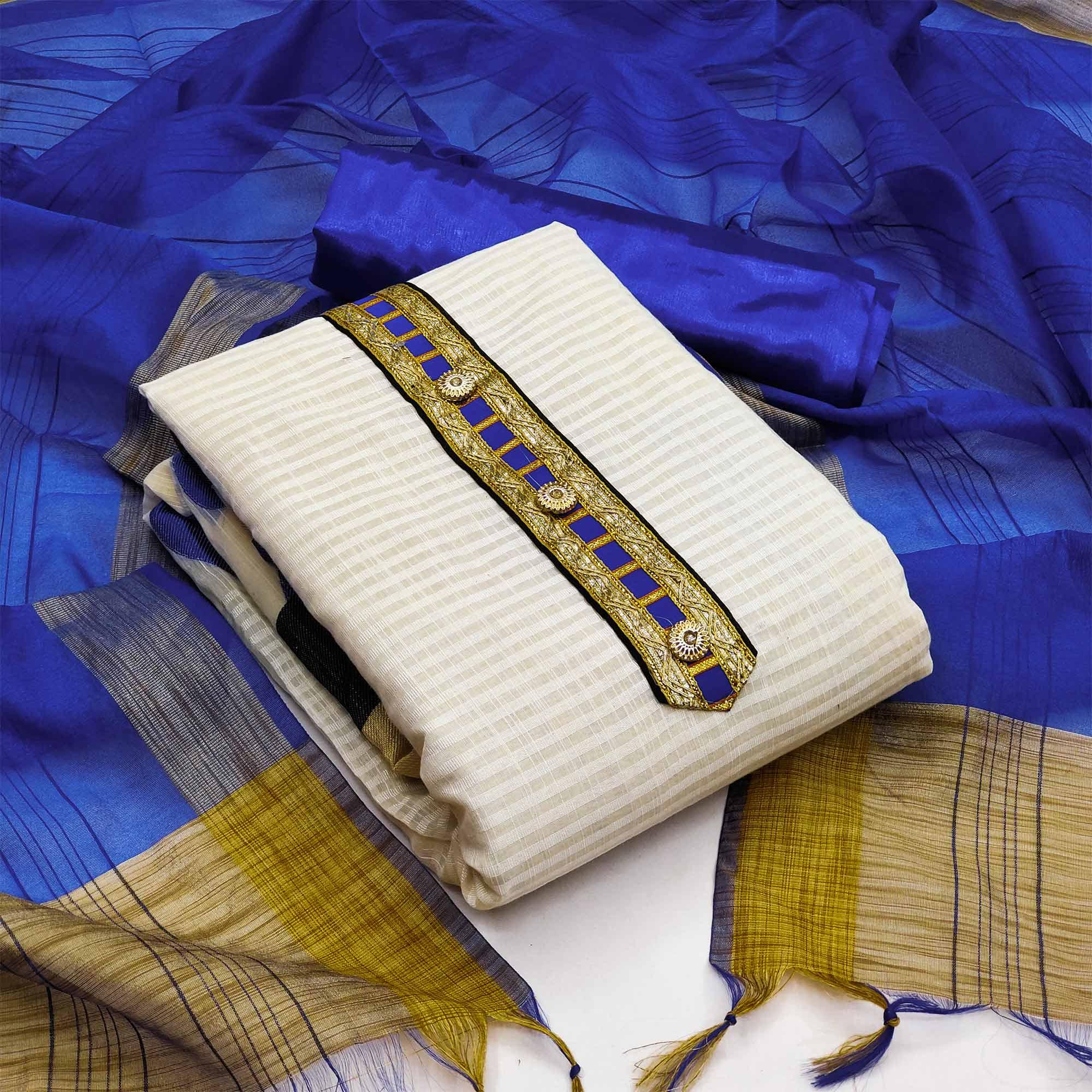 Off-White Festive Wear Woven Banarasi Silk Jacquard Dress Material - Peachmode