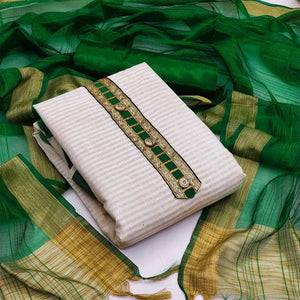 Off-White Festive Wear Woven Banarasi Silk Jacquard Dress Material - Peachmode