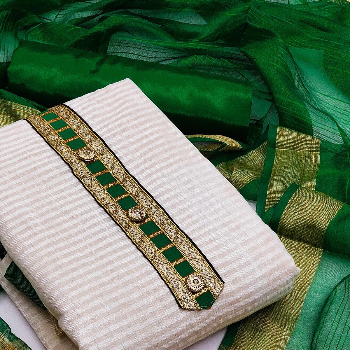 Off-White Festive Wear Woven Banarasi Silk Jacquard Dress Material - Peachmode
