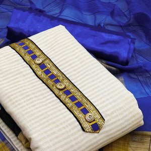 Off-White Festive Wear Woven Banarasi Silk Jacquard Dress Material - Peachmode