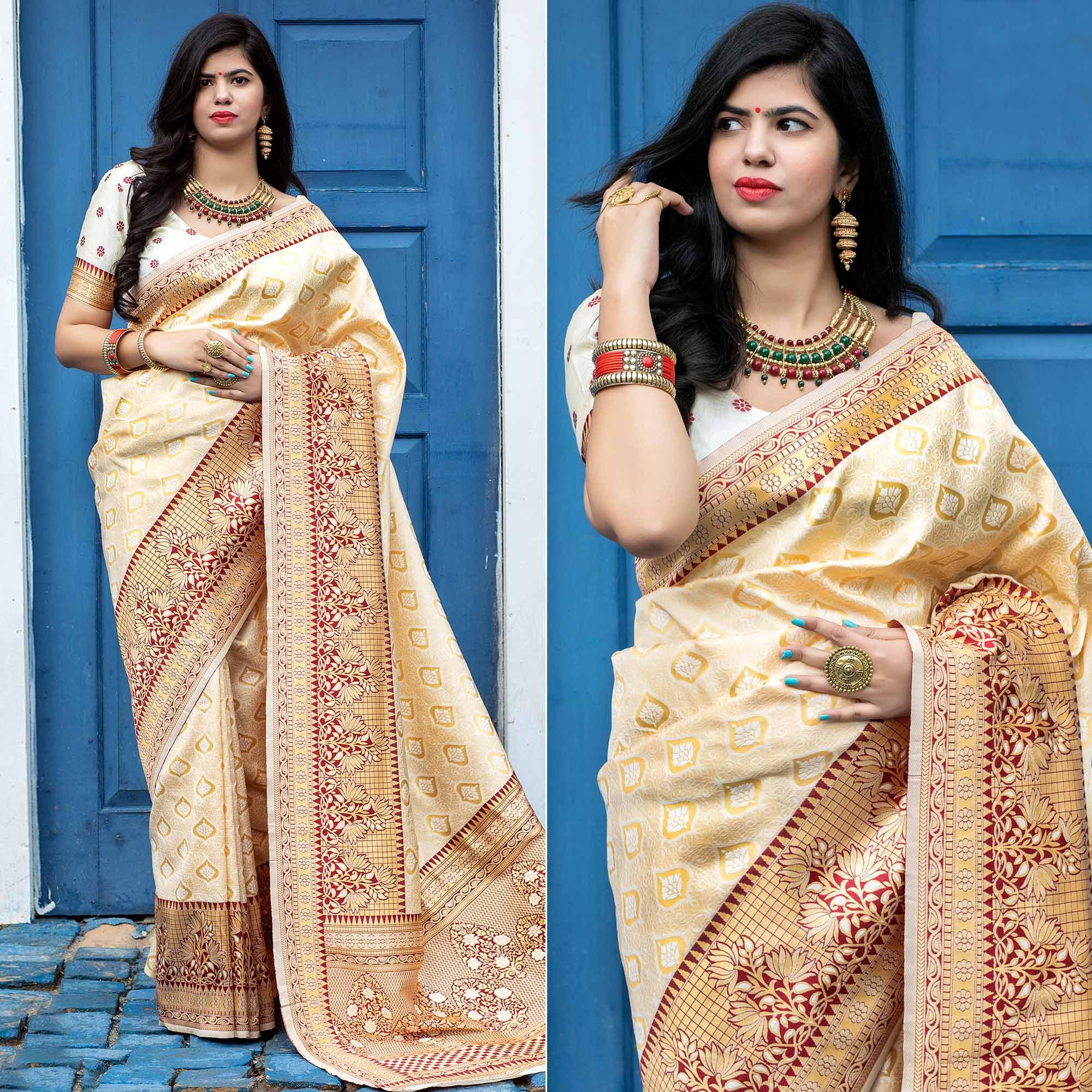 Off White Festive Wear Woven Banarasi Silk Saree - Peachmode