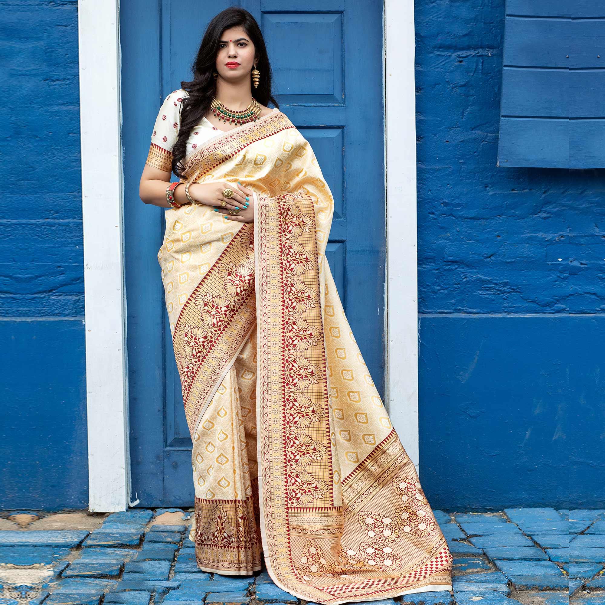 Off White Festive Wear Woven Banarasi Silk Saree - Peachmode