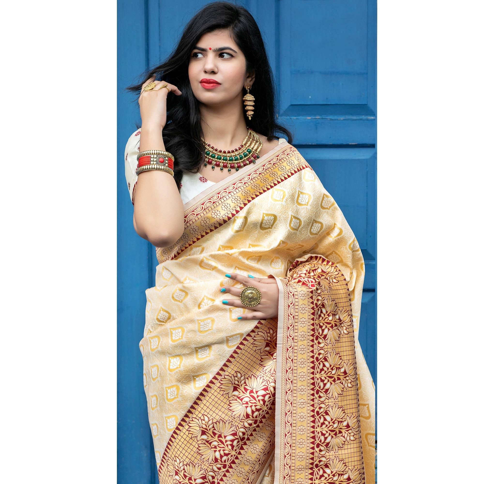 Off White Festive Wear Woven Banarasi Silk Saree - Peachmode