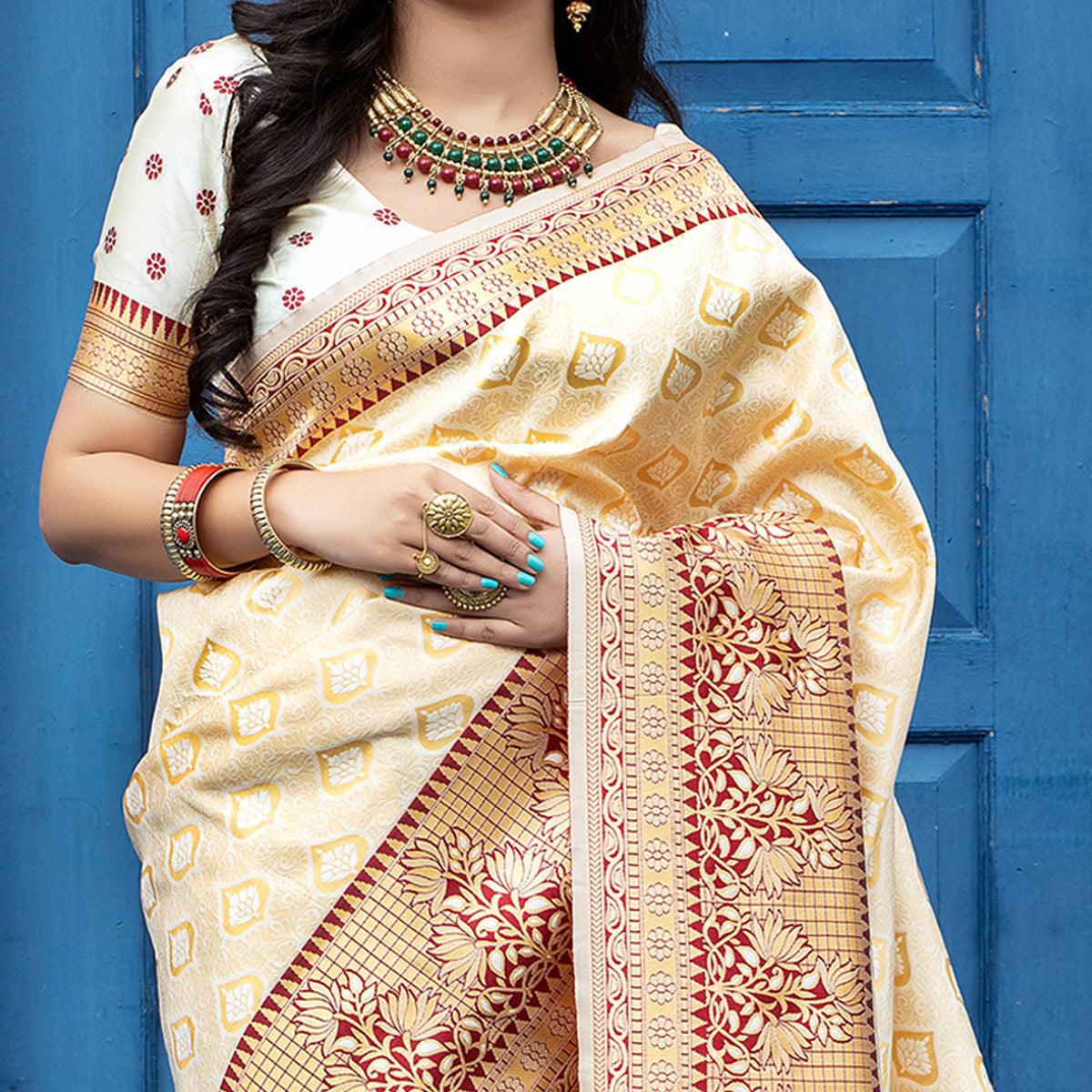 Off White Festive Wear Woven Banarasi Silk Saree - Peachmode