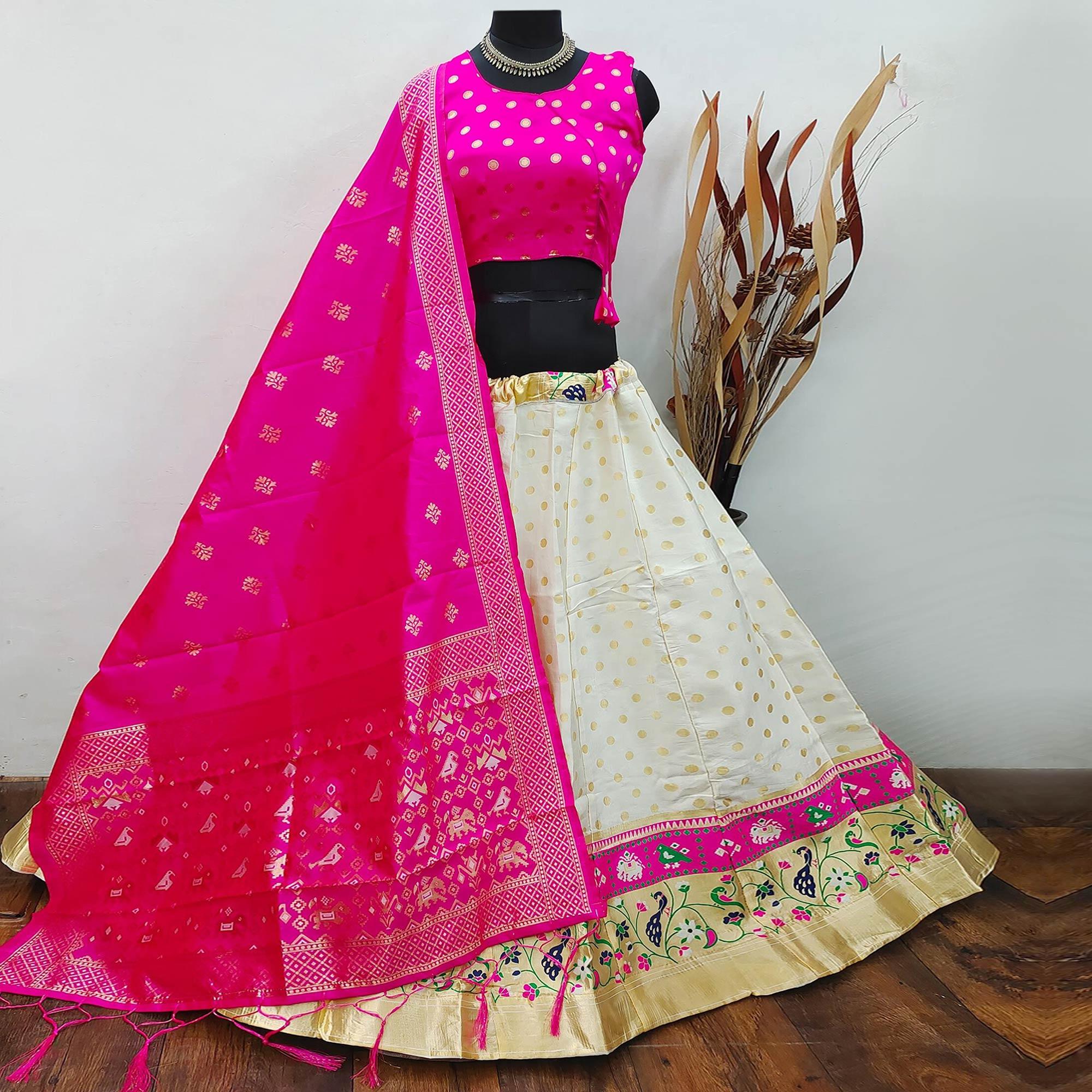 Off White Festive Wear Woven Brocade Lehenga Choli - Peachmode