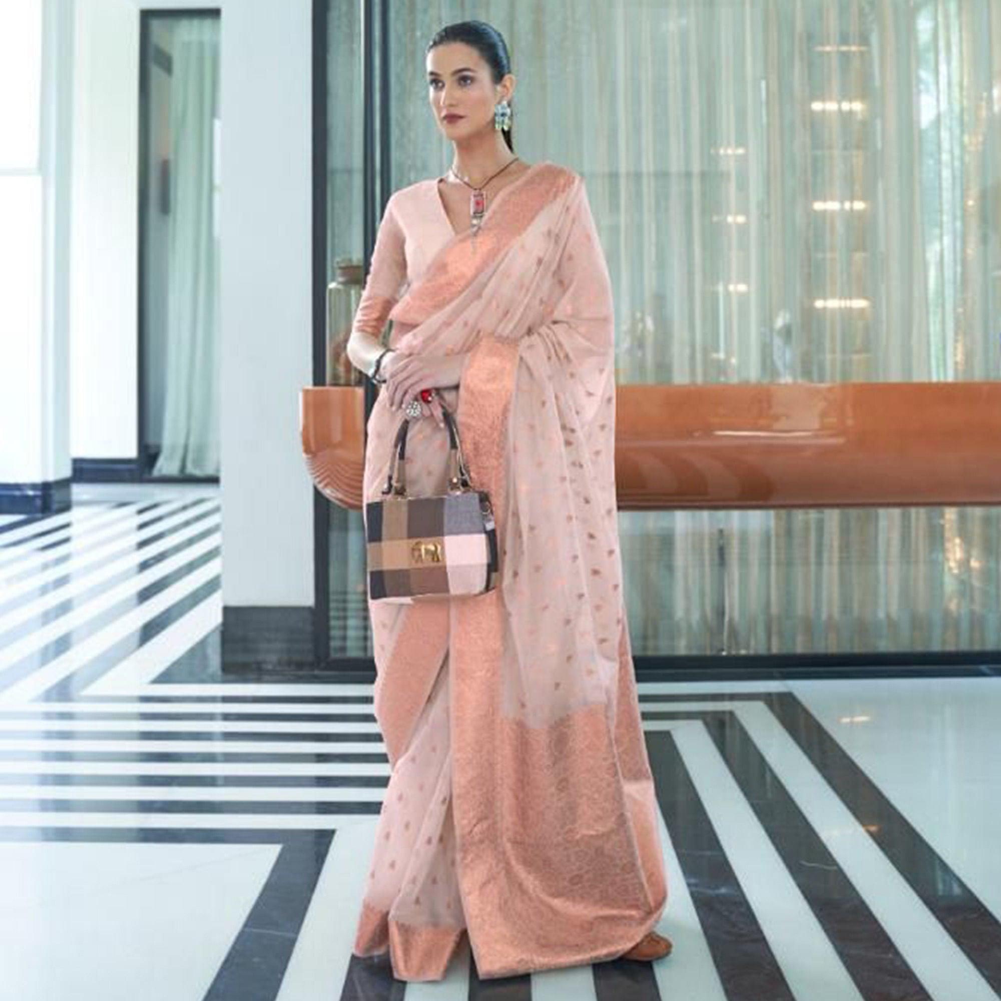 Off White Festive Wear Woven Cotton Saree - Peachmode