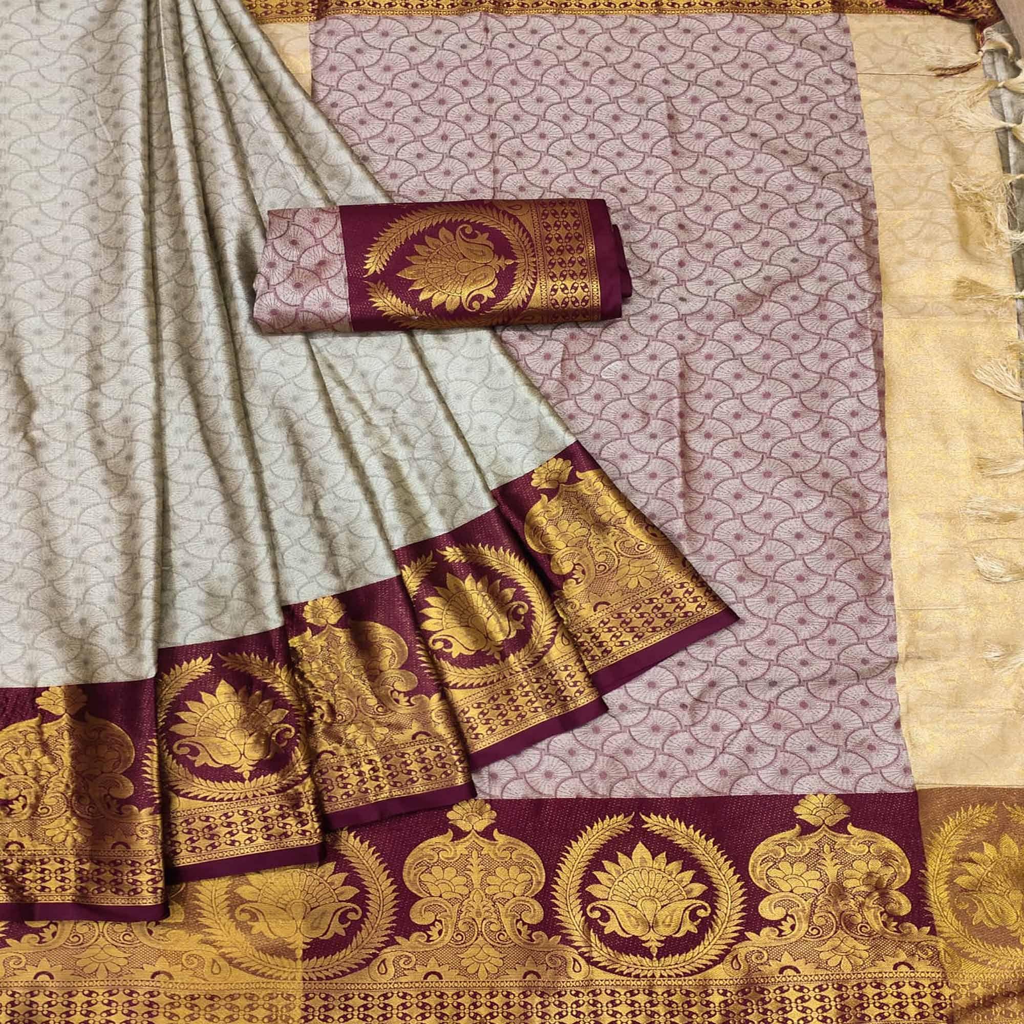 Off-White Festive Wear Woven Cotton Saree - Peachmode