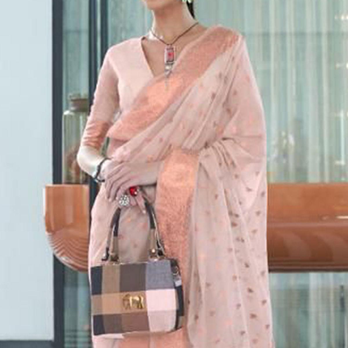 Off White Festive Wear Woven Cotton Saree - Peachmode