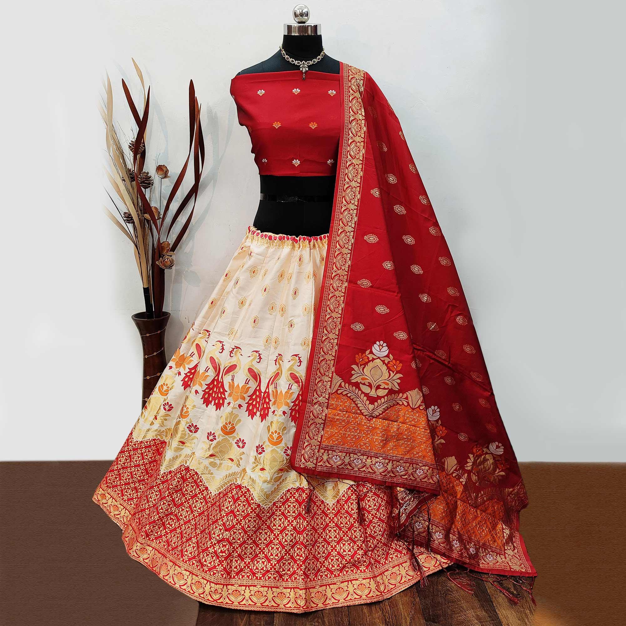 Off White Festive Wear Woven Heavy Brocade Lehenga Choli - Peachmode