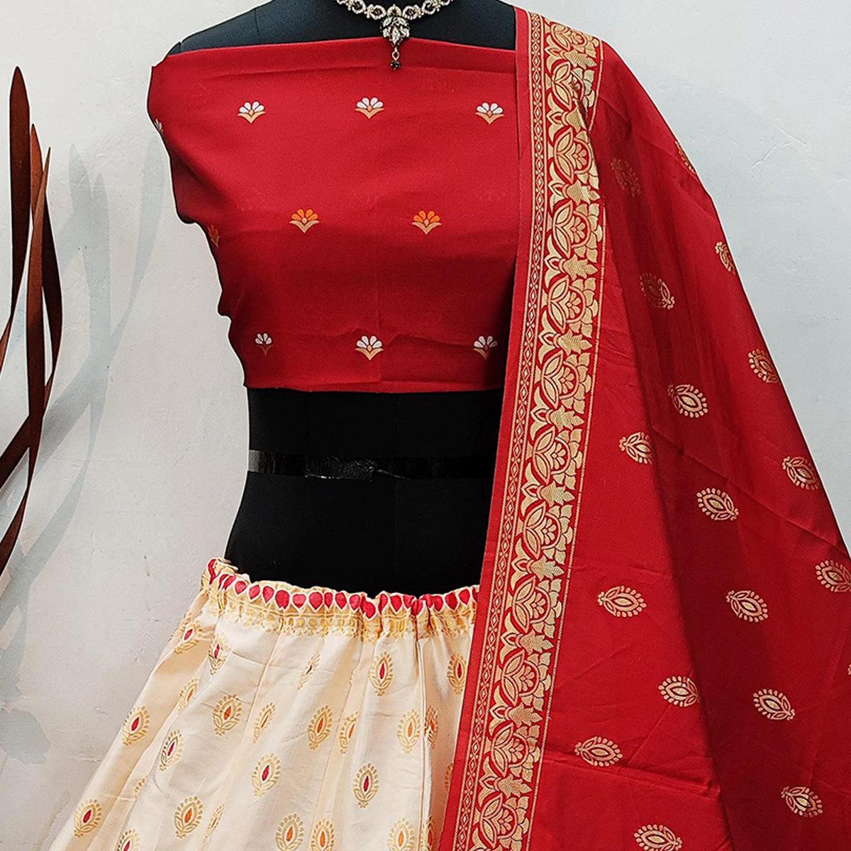 Off White Festive Wear Woven Heavy Brocade Lehenga Choli - Peachmode