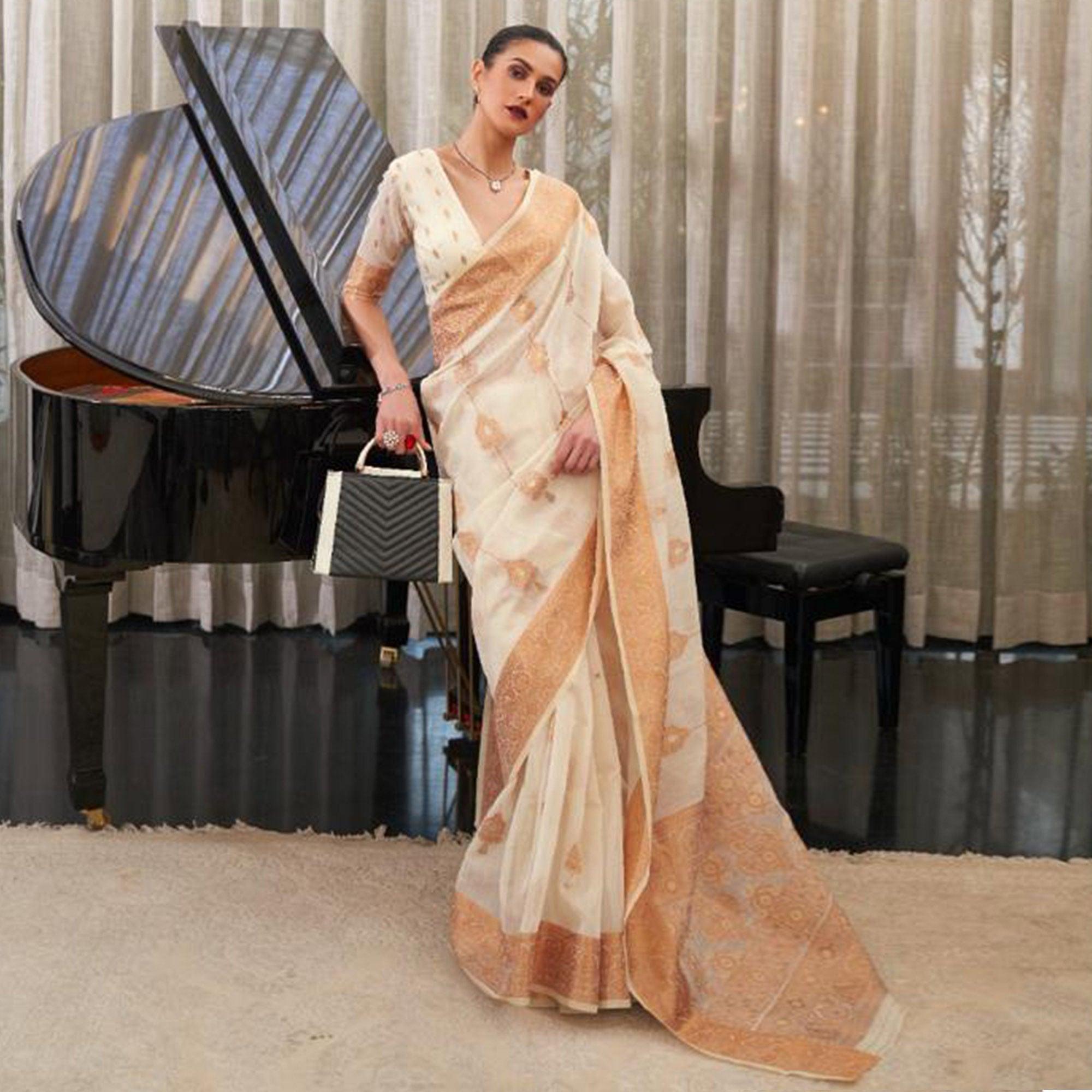 Off White Festive Wear Woven Linen Saree - Peachmode