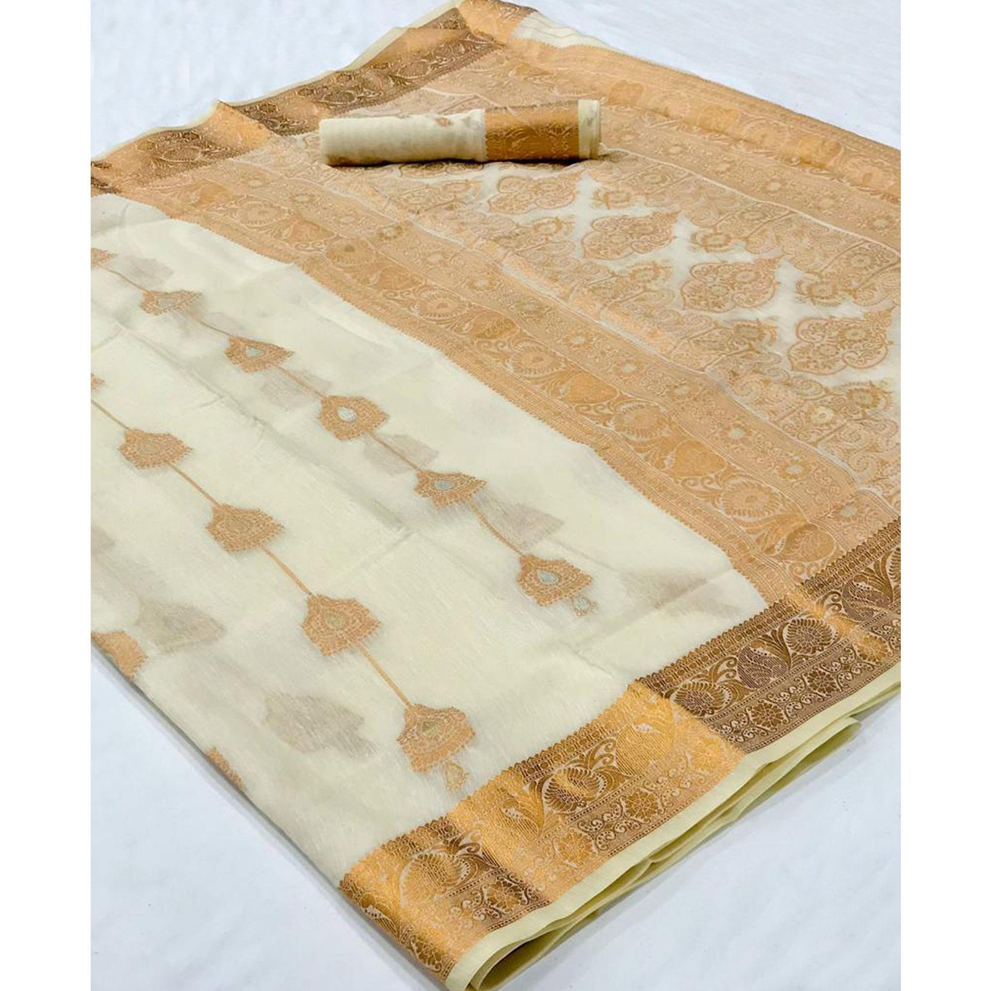 Off White Festive Wear Woven Linen Saree - Peachmode